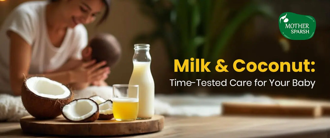 A mother gently massaging her baby with coconut oil beside a bowl of milk and natural baby skincare products