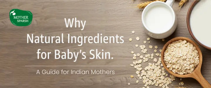 Mother gently massaging baby’s skin with natural ingredients like coconut oil and neem leaves, symbolizing allergy prevention and holistic Indian baby care