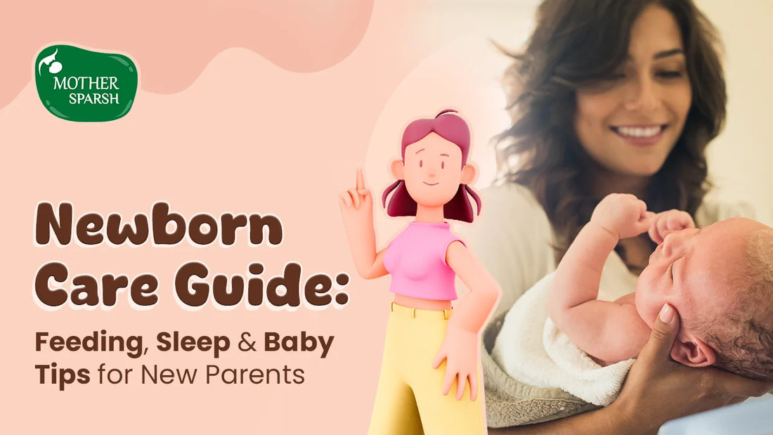 Newborn care guide banner with mother holding baby and tips for feeding, sleep, and baby care