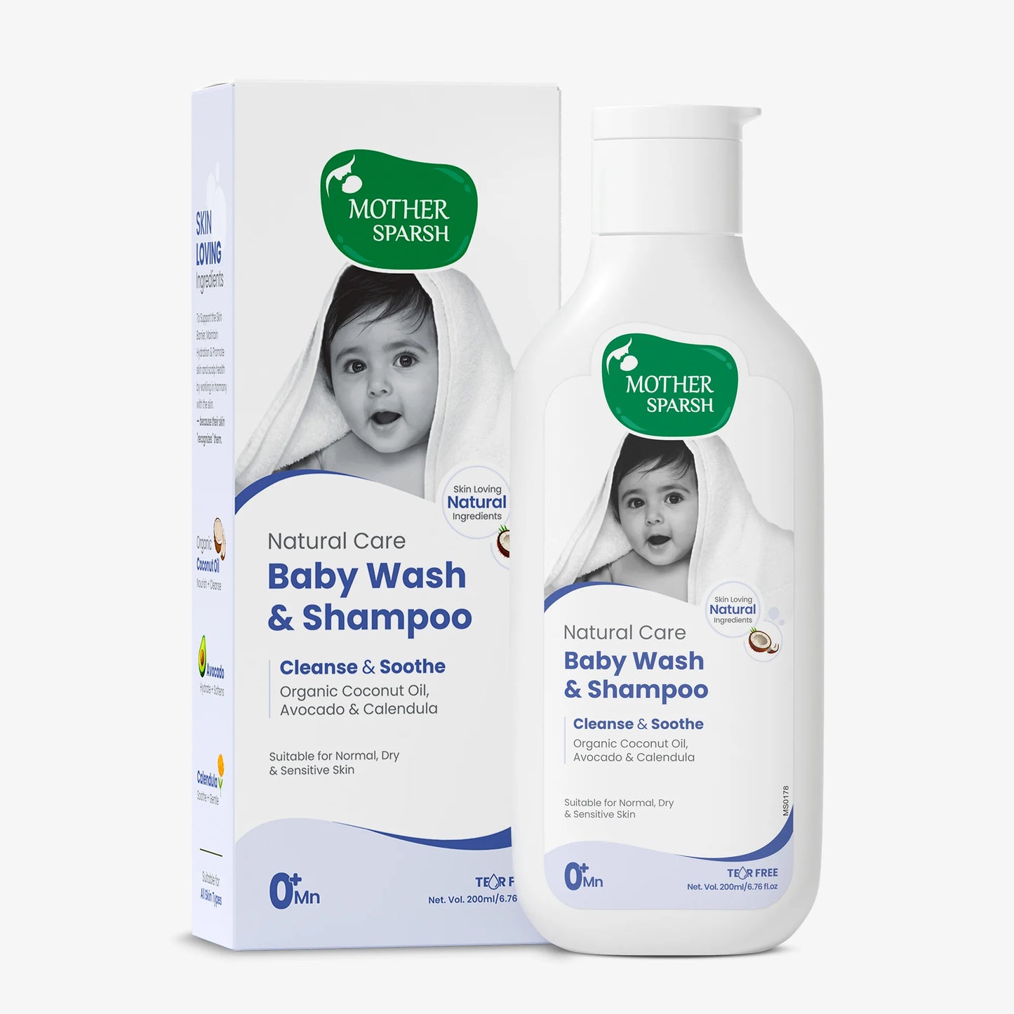 Mother Sparsh baby wash and shampoo bottle with box packaging for newborns and sensitive skin