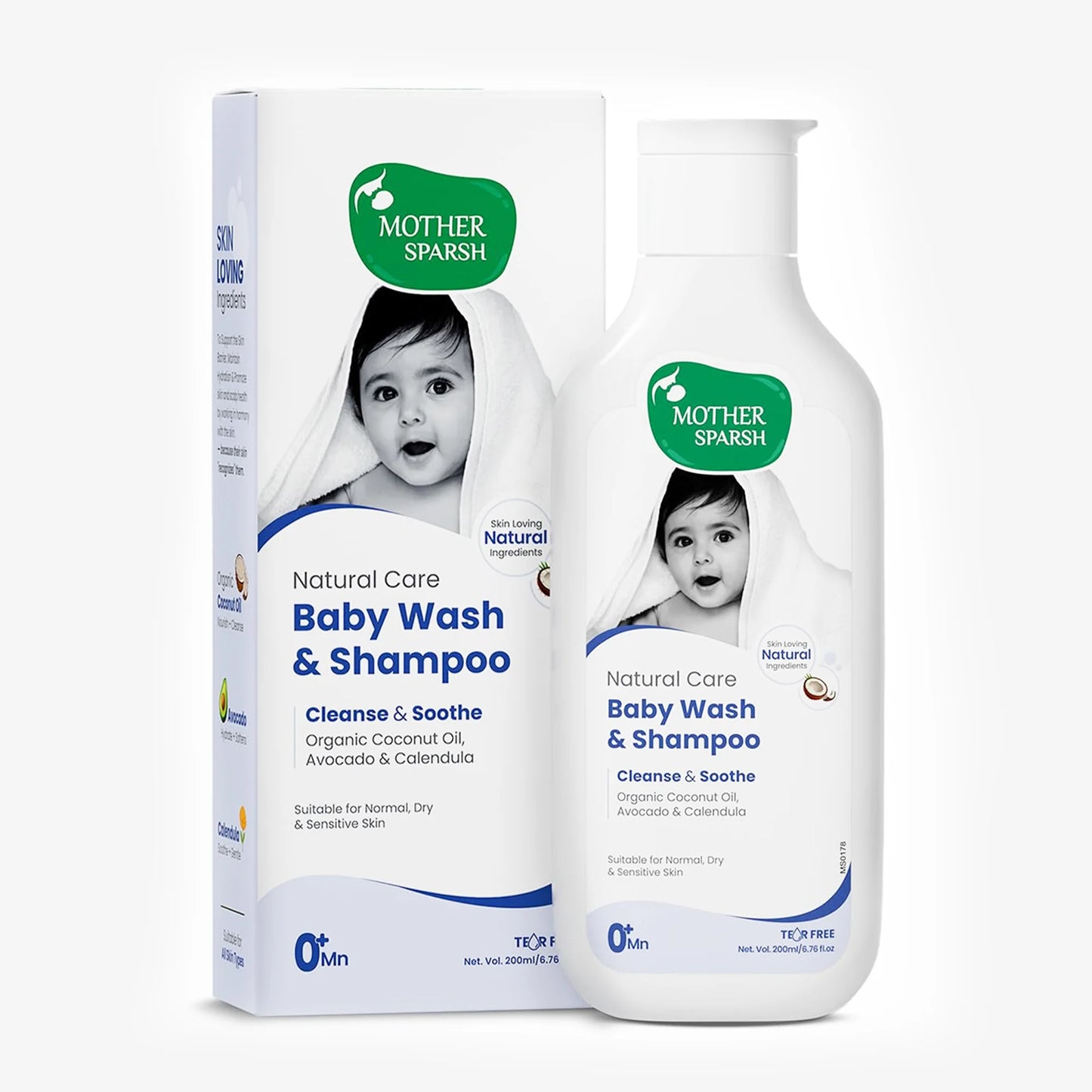Mother Sparsh baby wash and shampoo bottle with box packaging for newborns and sensitive skin