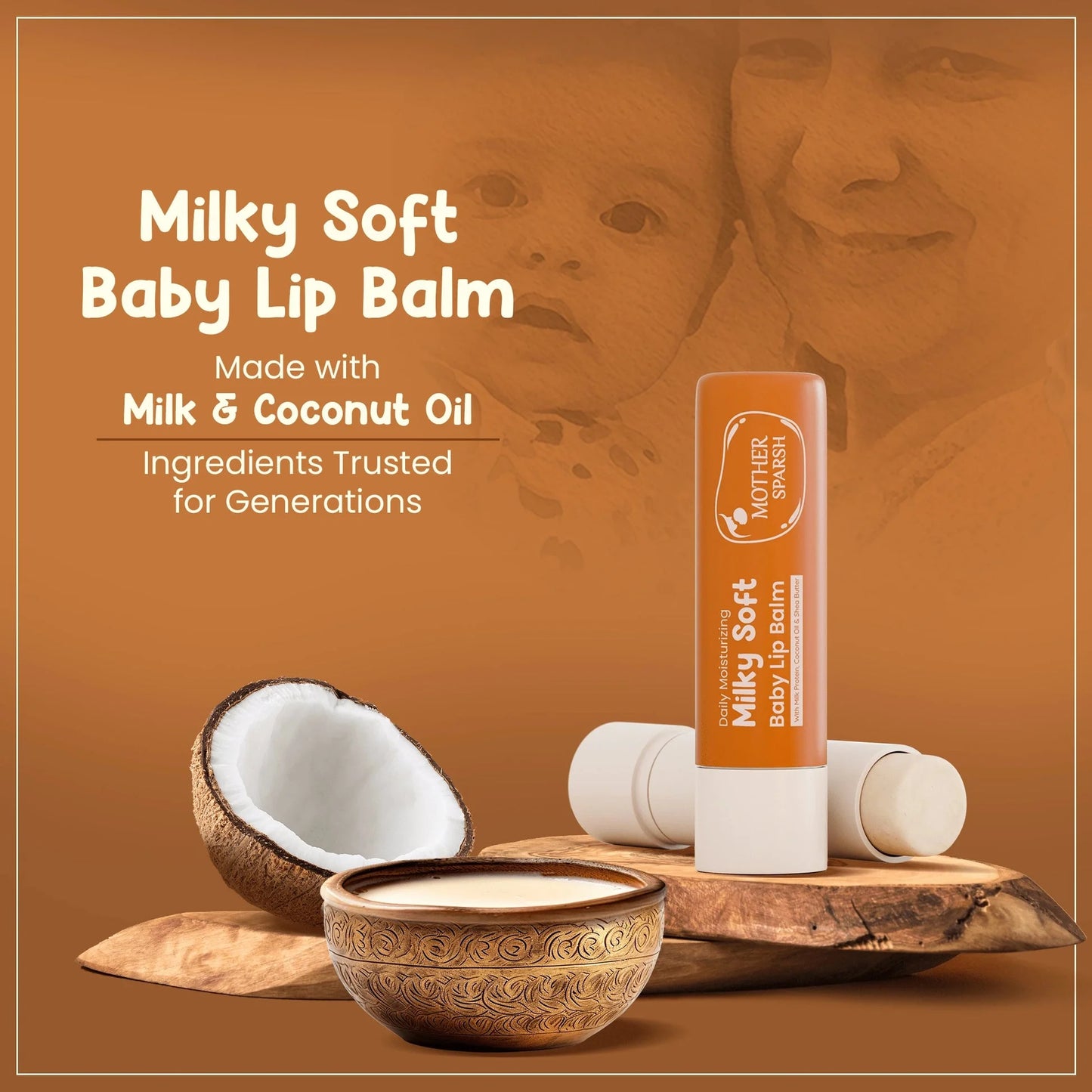 Mother Sparsh Milky Soft Baby Lip Balm stick with milk and coconut oil ingredients