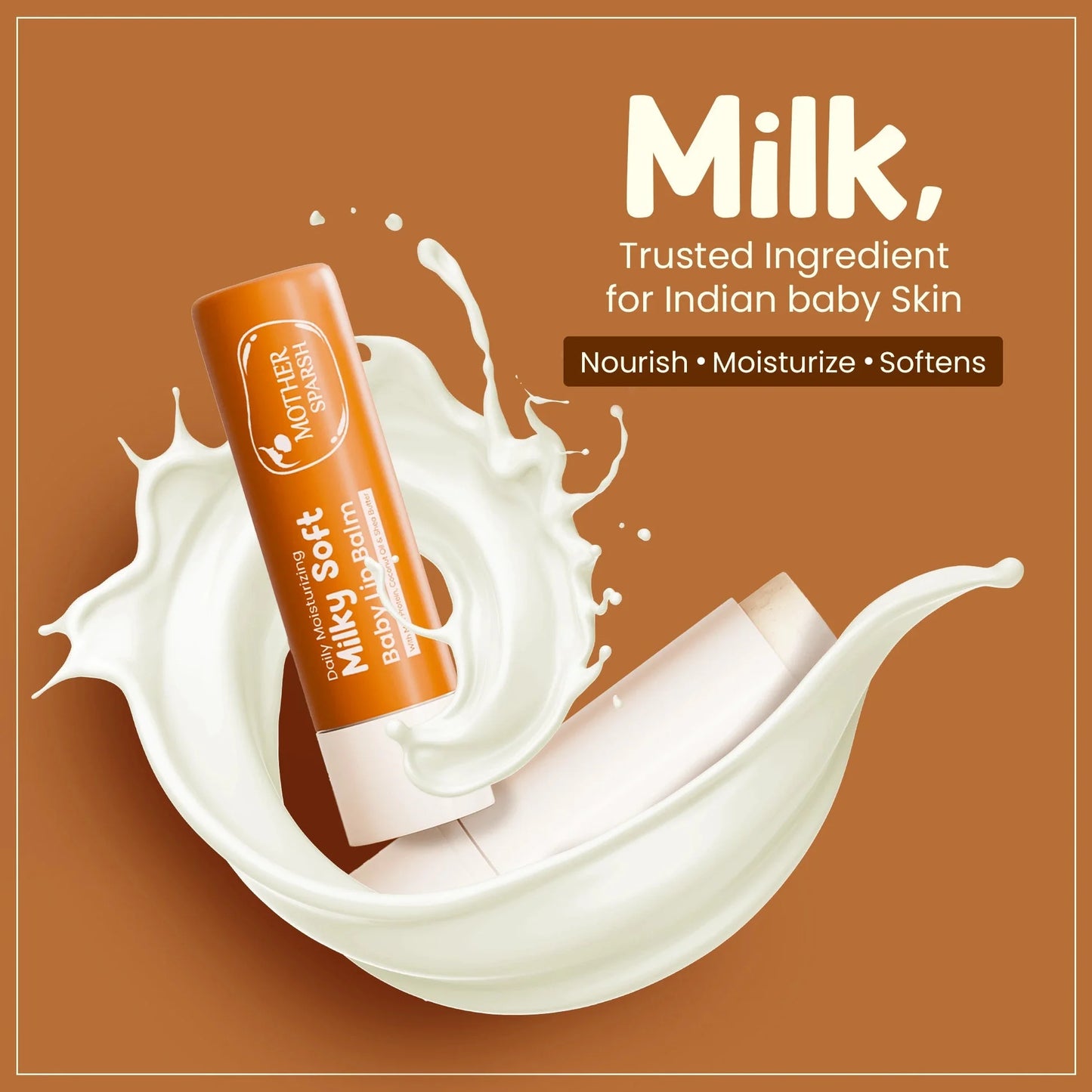 Mother Sparsh Milky Soft Baby Lip Balm stick surrounded by milk splash for nourishing and moisturizing baby skin