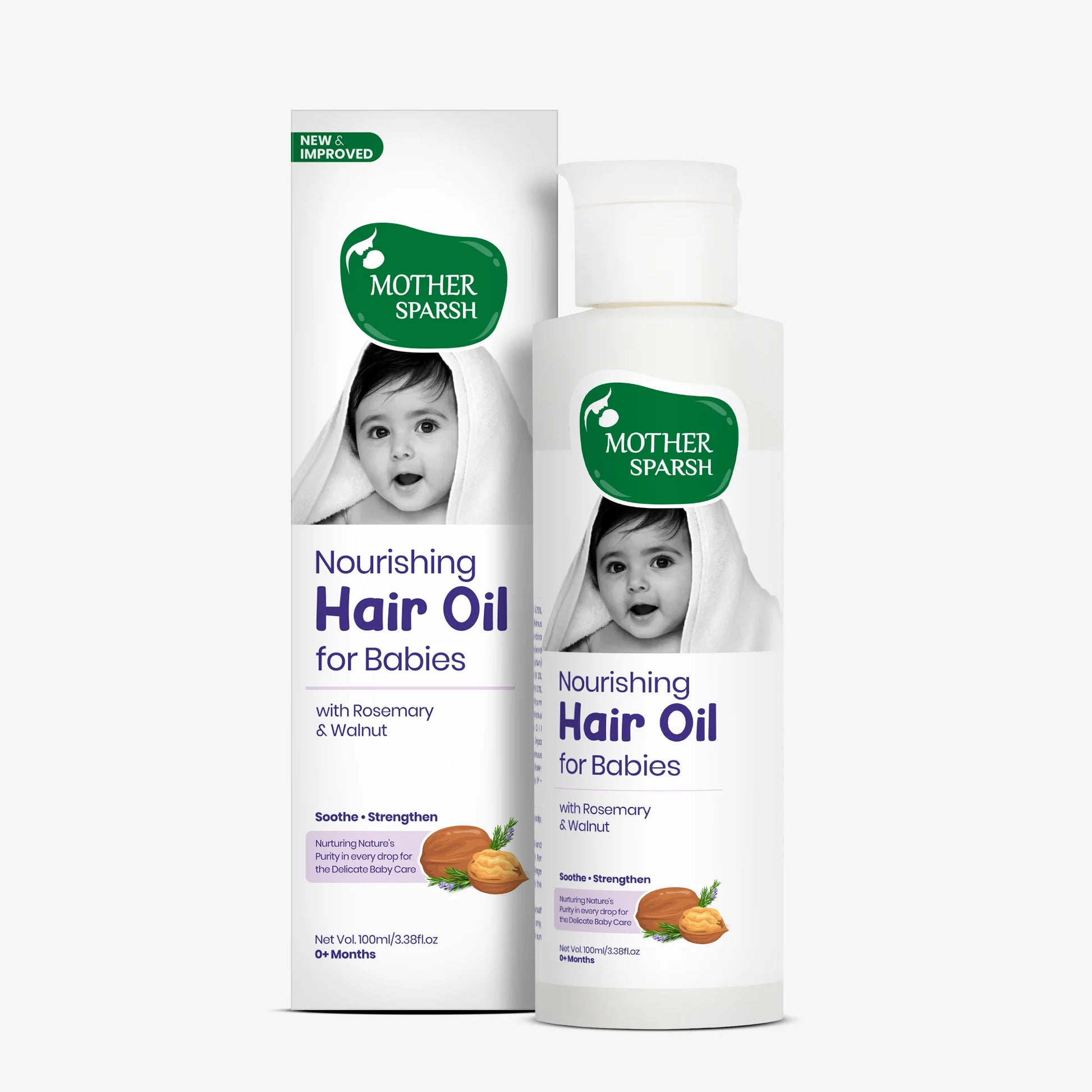 Mother Sparsh Nourishing Hair Oil for Babies with Rosemary and Walnut for newborn hair growth and delicate baby care.