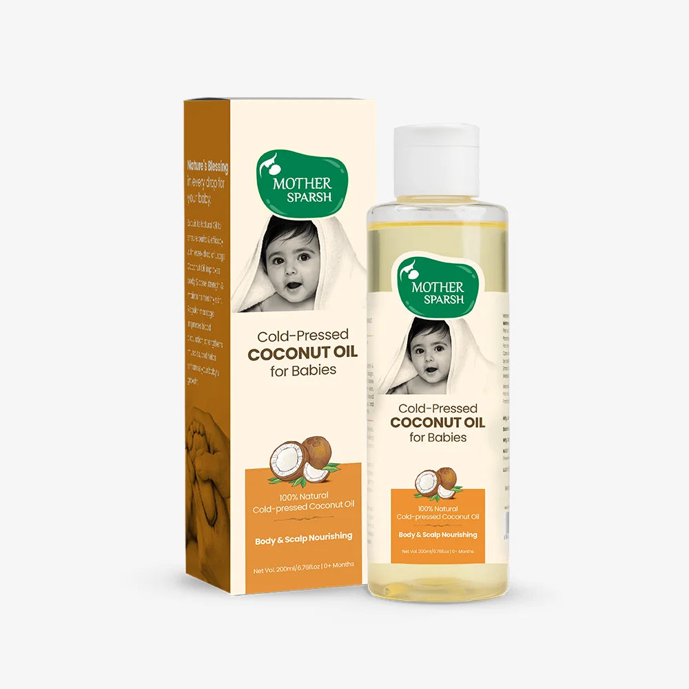 Mother Sparsh 100% natural, cold-pressed coconut oil for babies, offering body and scalp nourishing for 0+ months.