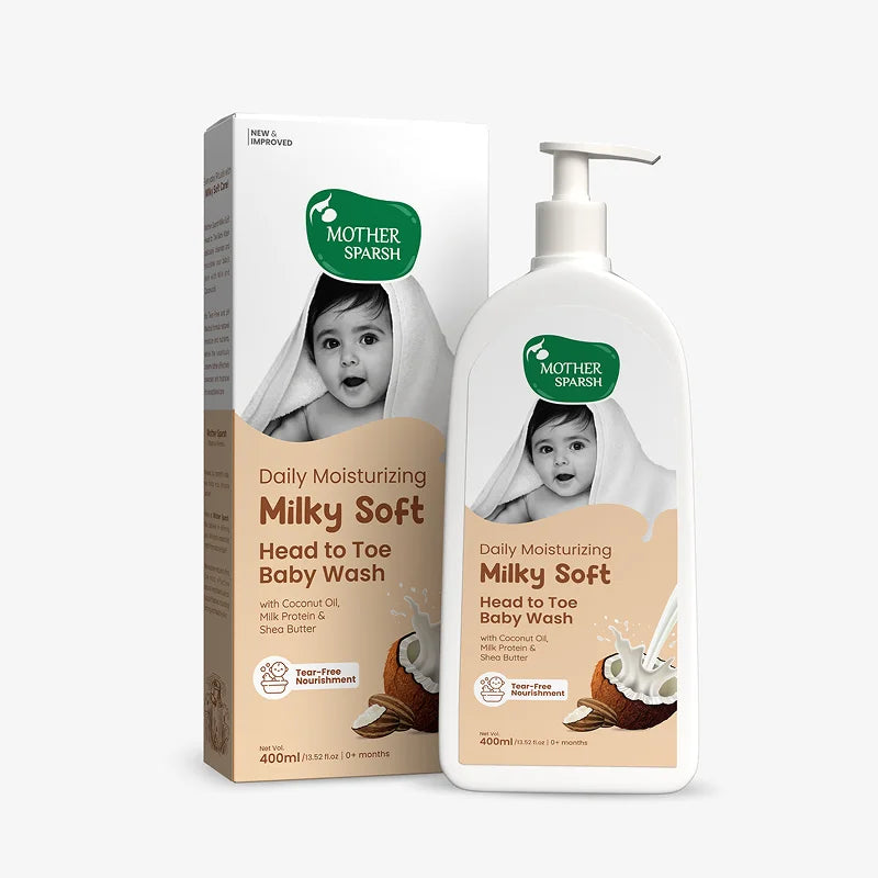 Mother Sparsh Milky Soft Head to Toe Baby Wash packaging with coconut oil, milk protein and shea butter