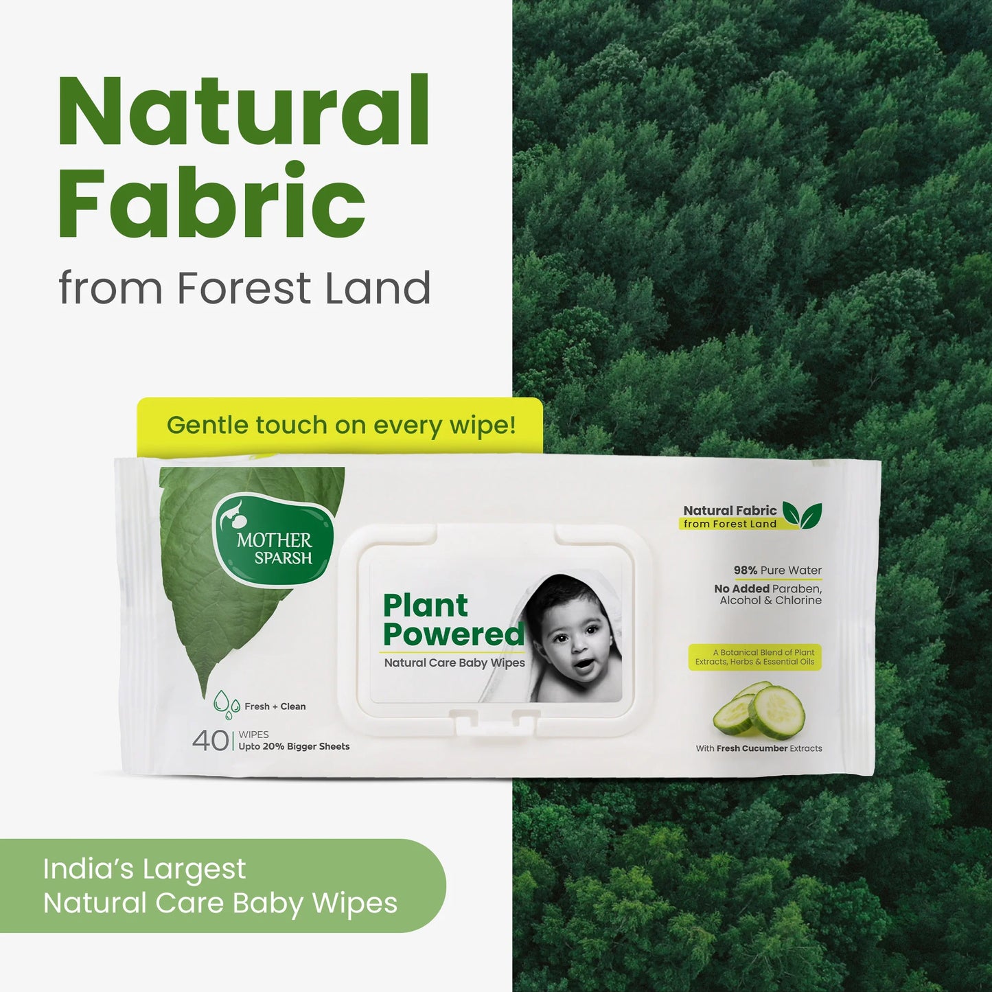 Mother Sparsh Plant Powered Natural Care Baby Wipes pack with Natural Fabric from Forest Land shown against a background of green trees, emphasizing its eco-friendly nature.