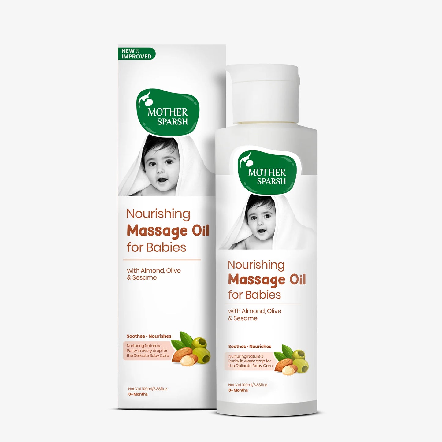 Mother Sparsh Nourishing Massage Oil for Babies 100ml with Almond Olive and Sesame - product shot and packaging