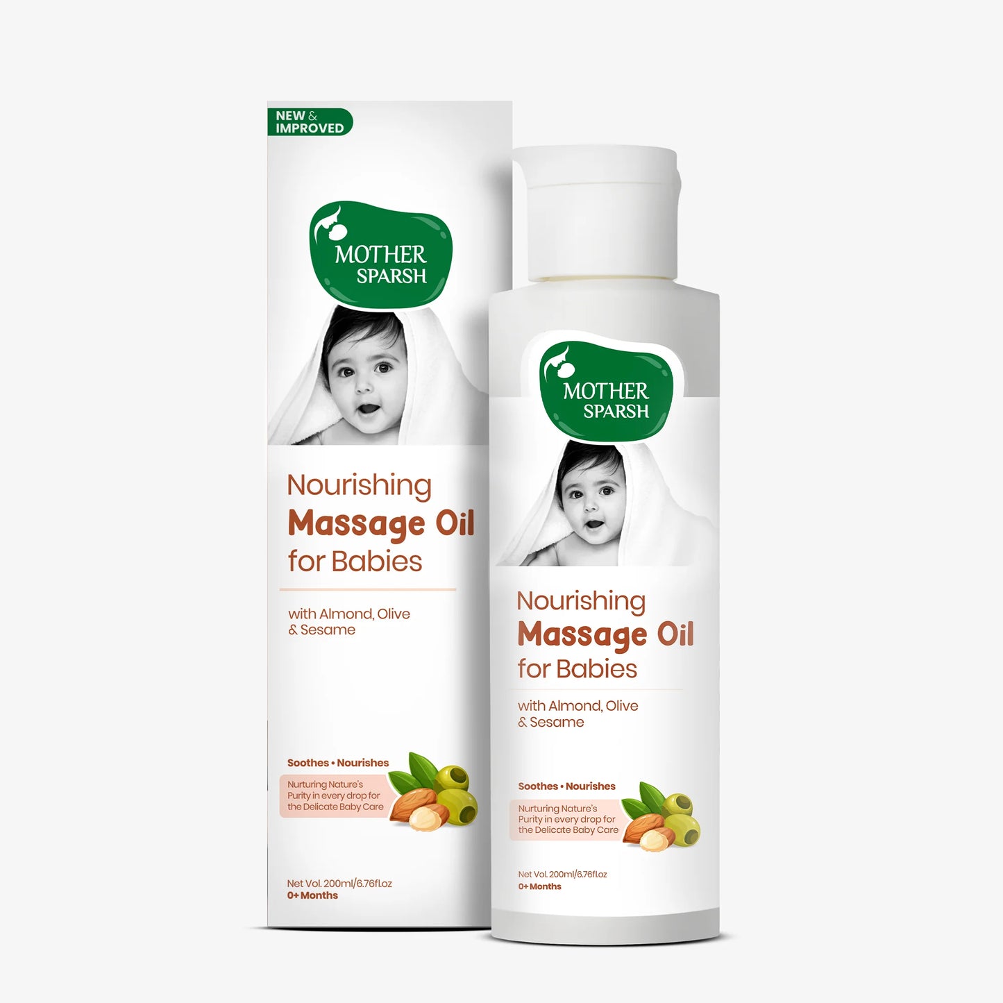 Mother Sparsh Nourishing Massage Oil for Babies 200ml old packaging versus new packaging comparison showing the design update.