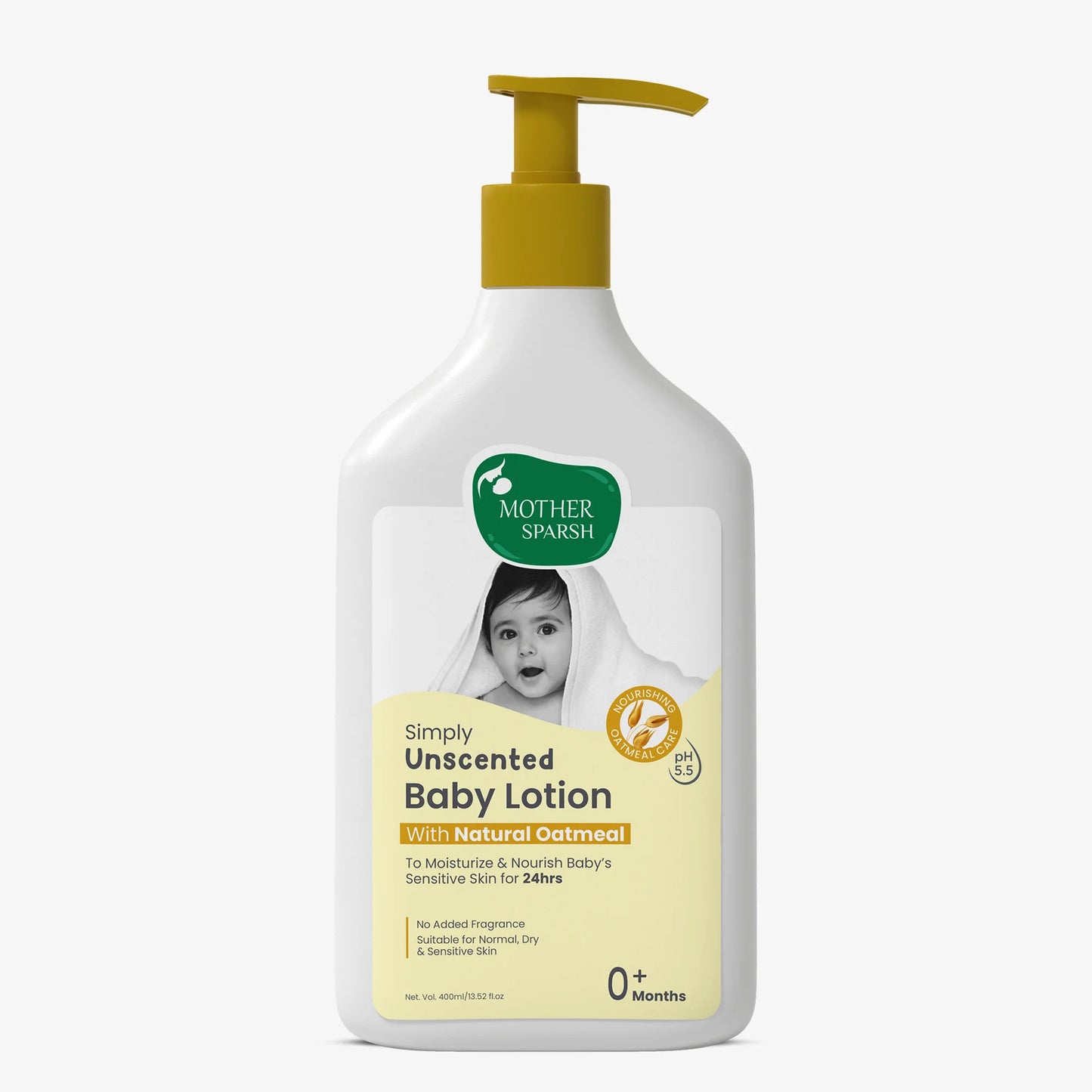 Mother Sparsh Simply Unscented Baby Lotion pump bottle with Natural Oatmeal for sensitive skin 400ml