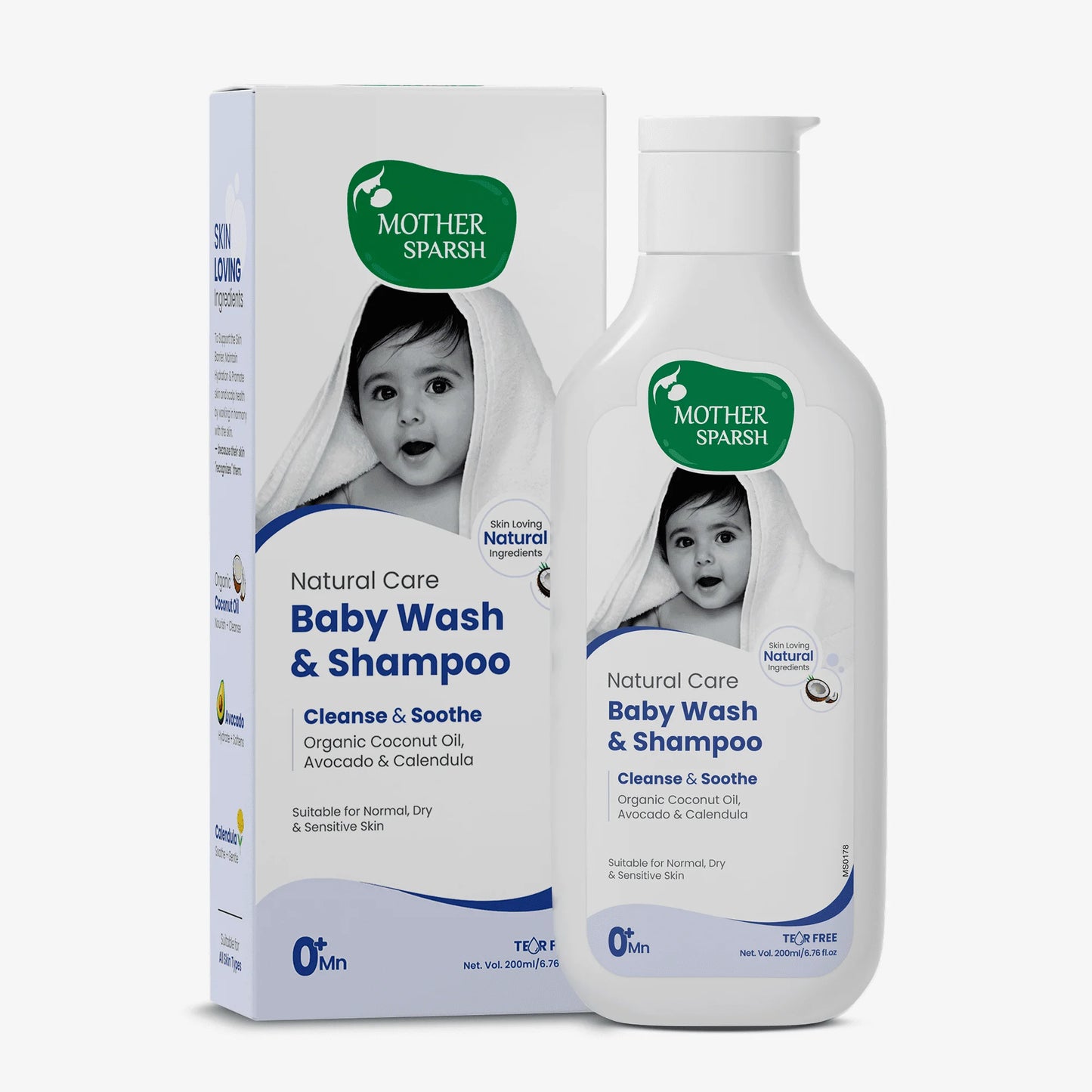 Mother Sparsh baby wash and shampoo bottle with box packaging for newborns and sensitive skin