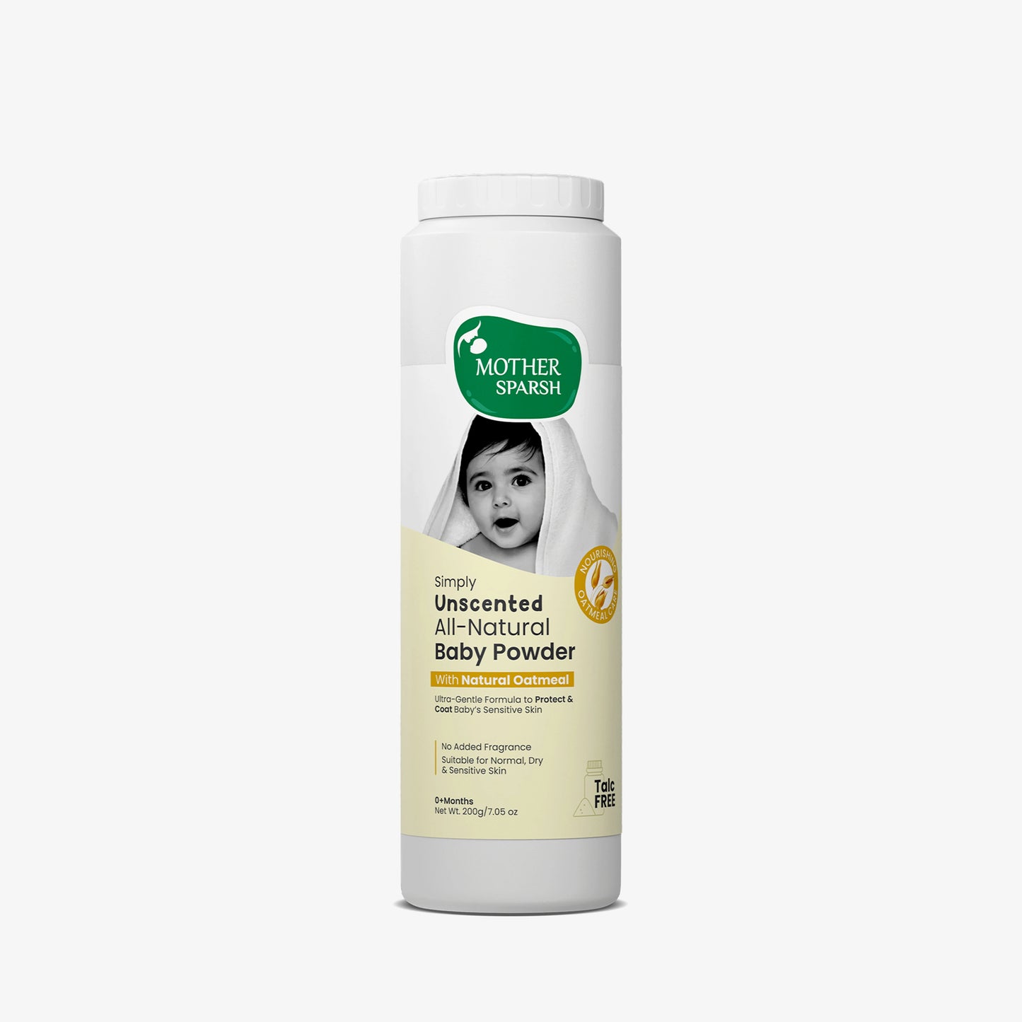 Mother Sparsh Simply Unscented All-Natural Baby Powder with Natural Oatmeal, a talc free formula for baby's sensitive skin.