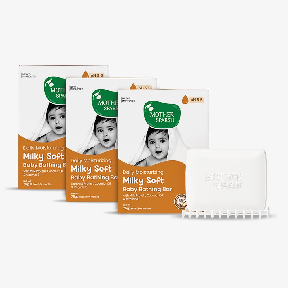 Mother Sparsh Milky Soft Baby Bathing Bar is a daily moisturizing, soap-free bar with a balanced pH of 5.5, designed for newborns and infants. It contains milk protein, coconut oil, and Vitamin E for gentle, soft skin pack of three