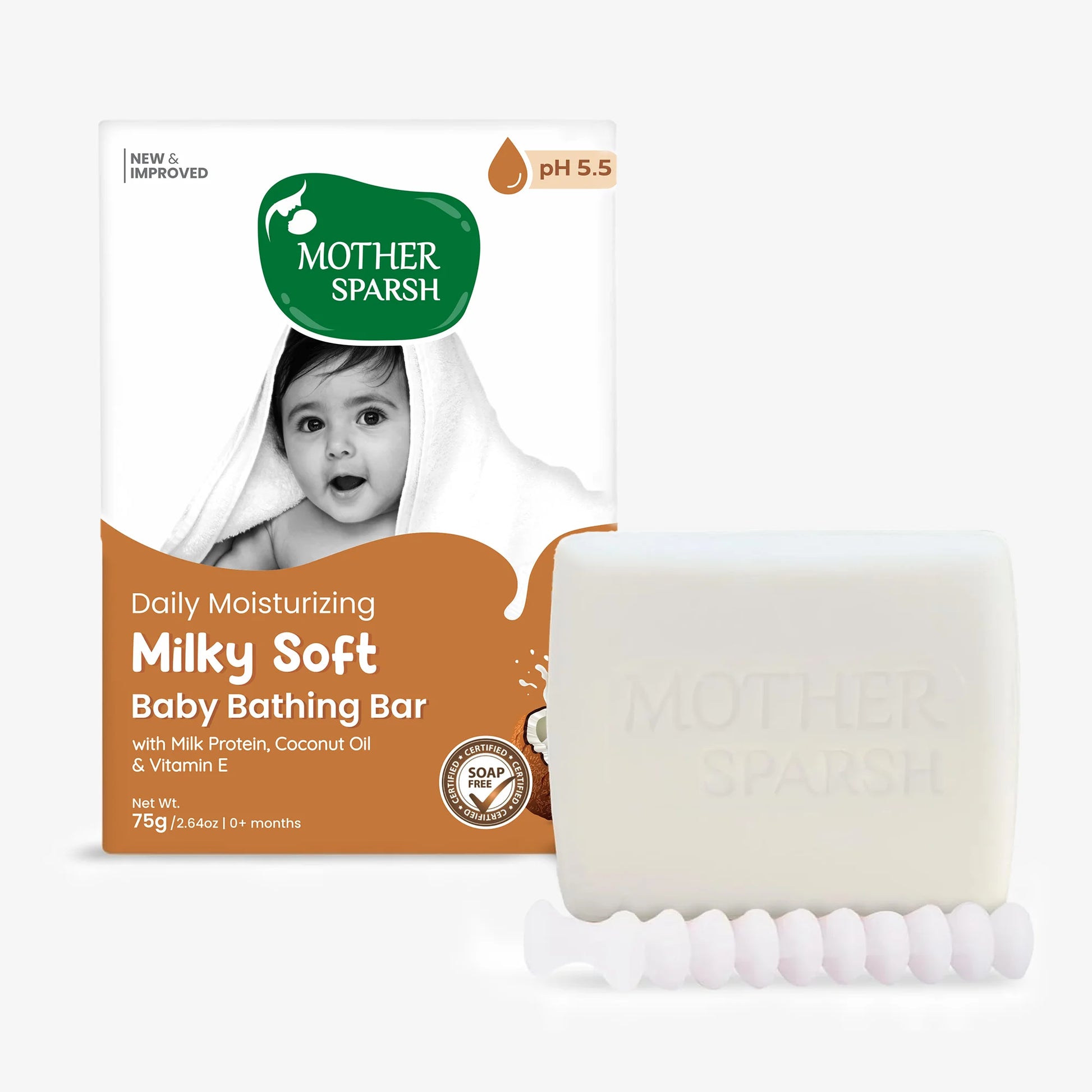 Mother Sparsh Milky Soft Baby Bathing Bar is a daily moisturizing, soap-free bar with a balanced pH of 5.5, designed for newborns and infants. It contains milk protein, coconut oil, and Vitamin E for gentle, soft skin.