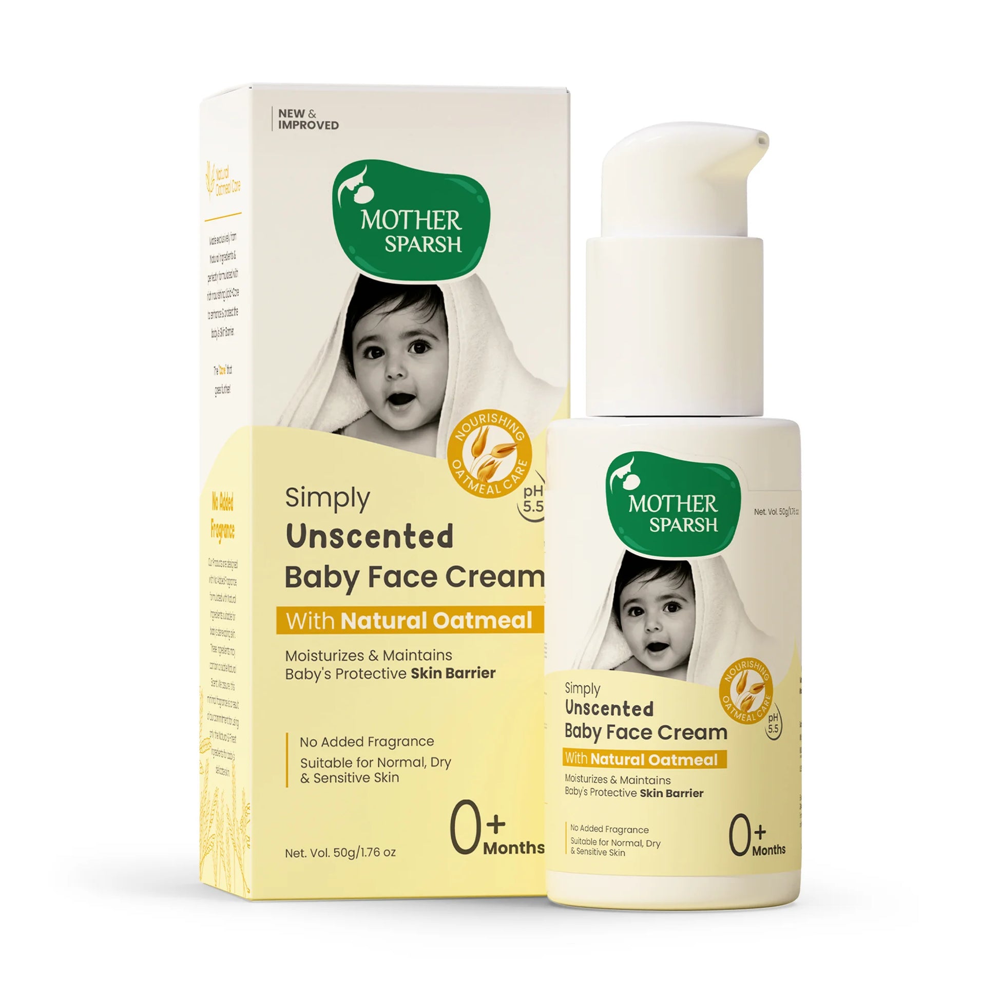 Mother Sparsh Simply Unscented Baby Face Cream pump bottle and box with Natural Oatmeal for 0+ months sensitive skin.
