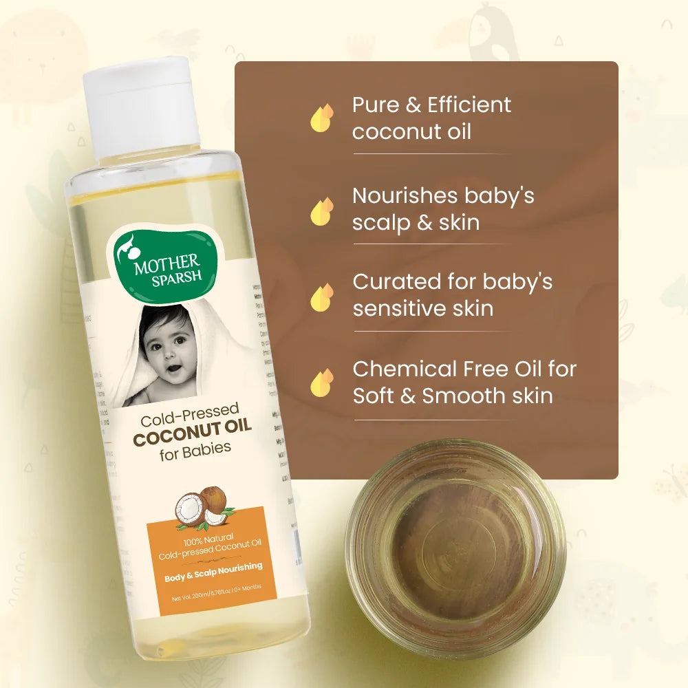 Mother Sparsh cold-pressed coconut oil for baby, highlighting its benefits for soft, smooth, sensitive skin and chemical-free formula.