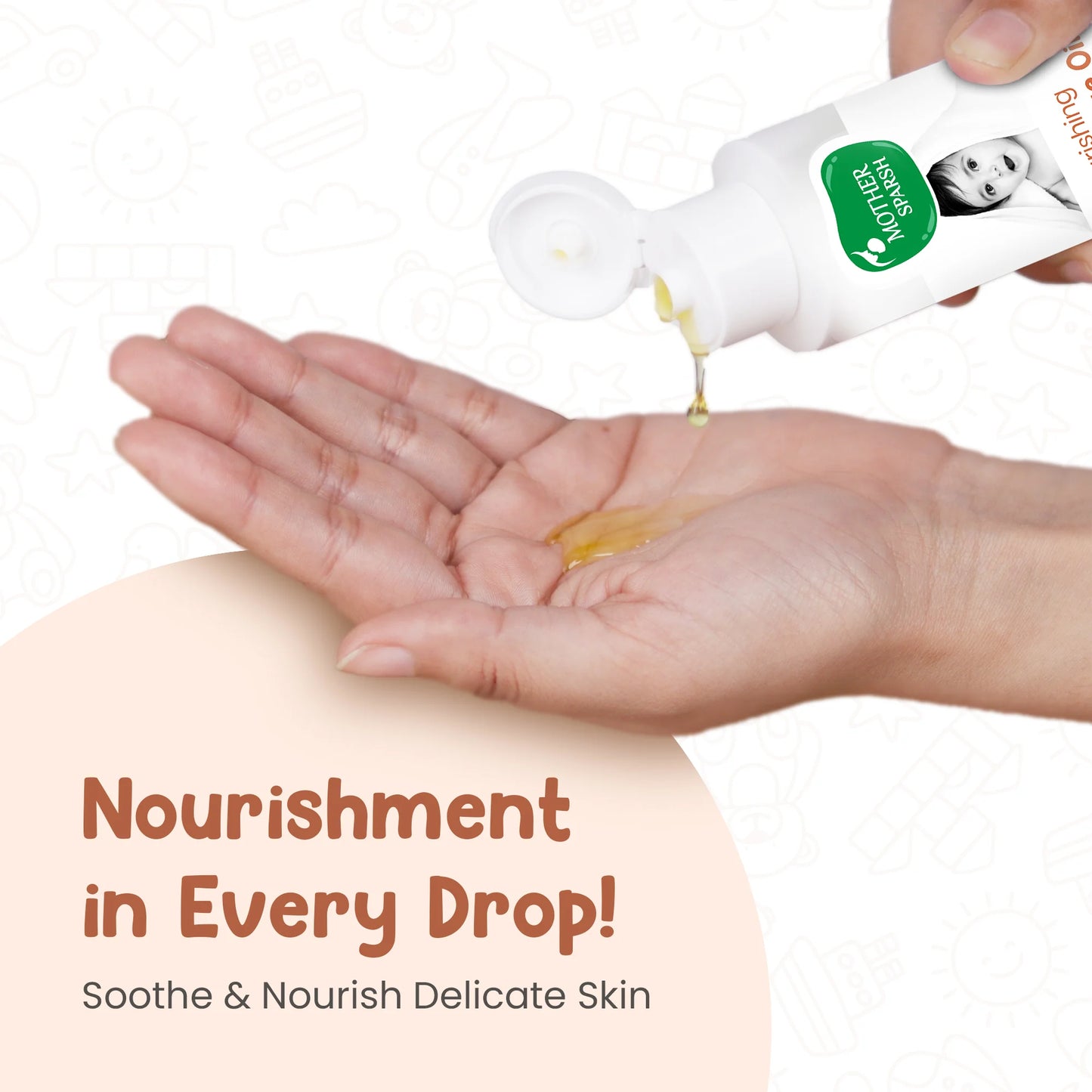 Mother Sparsh Nourishing Massage Oil for Babies 200ml with Almond Olive and Sesame - product bottle and packaging shot