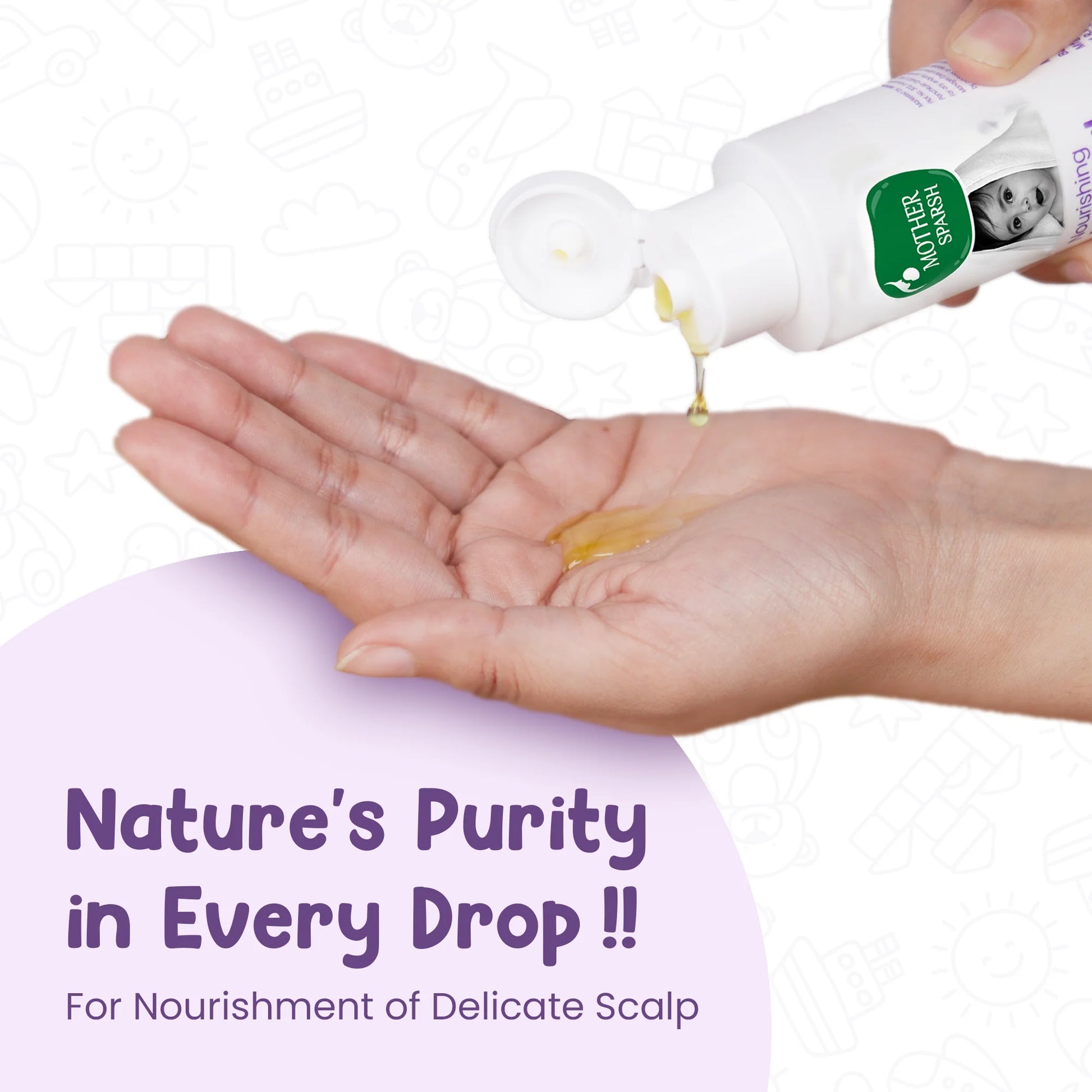 Mother Sparsh baby hair oil being poured onto a hand, illustrating the pure nourishing texture for delicate scalp care and healthy hair.