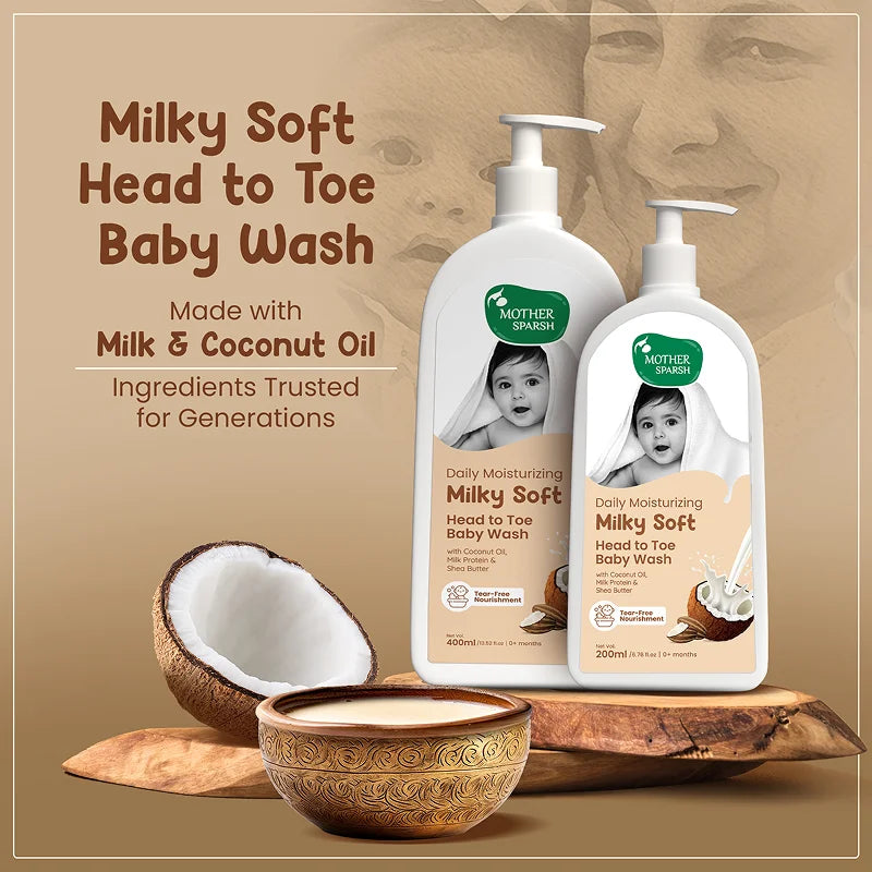 Milky Soft Baby Wash by Mother Sparsh made with coconut oil and milk, trusted ingredients for baby care