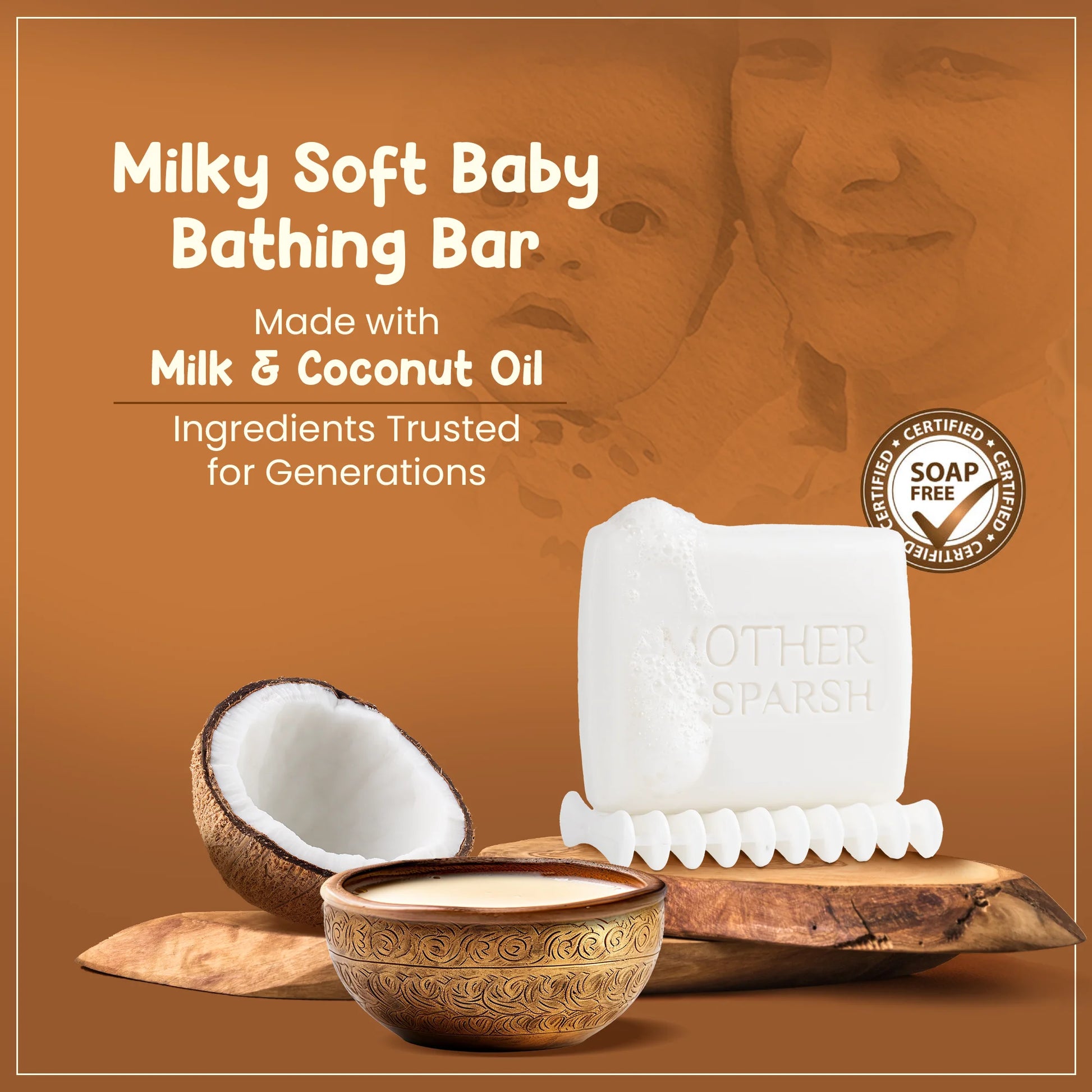 Mother Sparsh Milky Soft Baby Bathing Bar is a certified soap-free formula made with milk and coconut oil, ingredients trusted for generations to gently cleanse and nourish delicate baby skin.