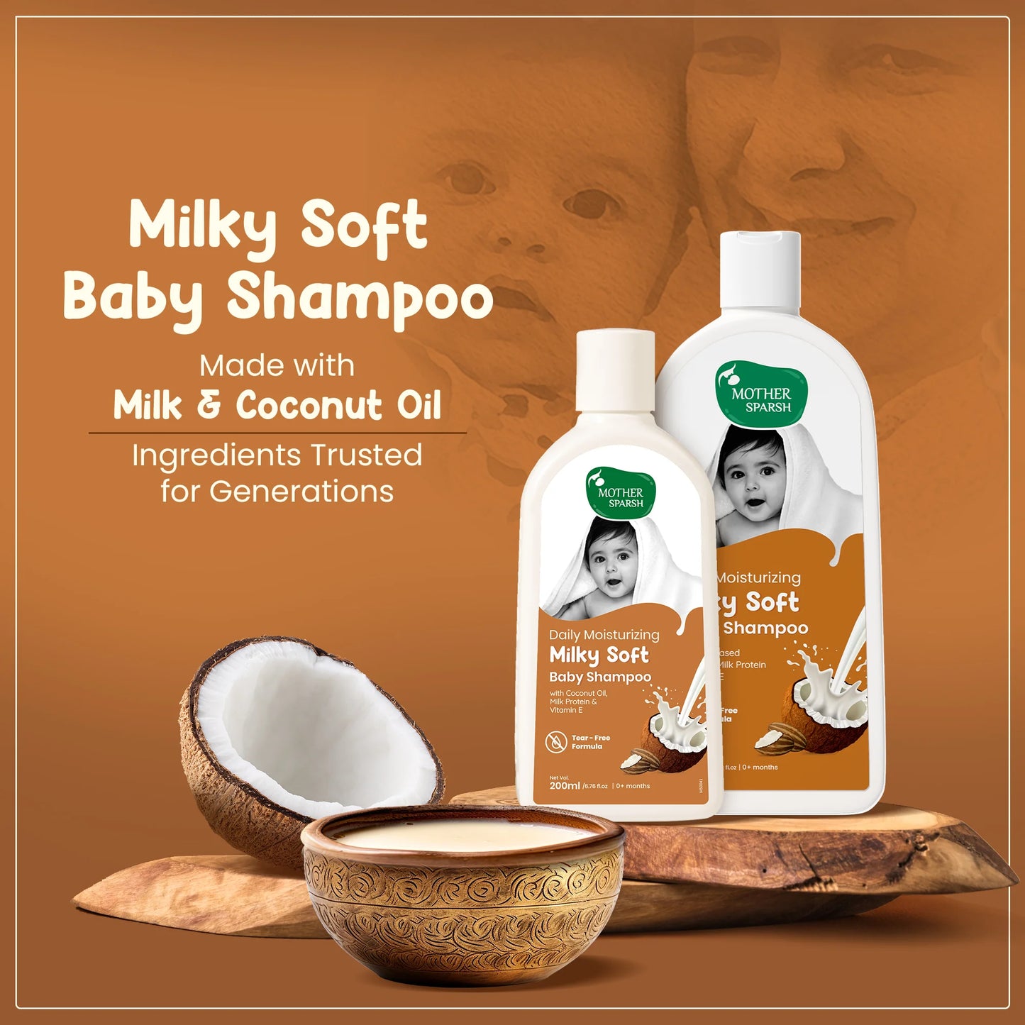 Mother Sparsh Daily Moisturizing Milky Soft Baby Shampoo, tear-free formula with coconut, milk protein, and Vitamin E, 400ml pack shot.