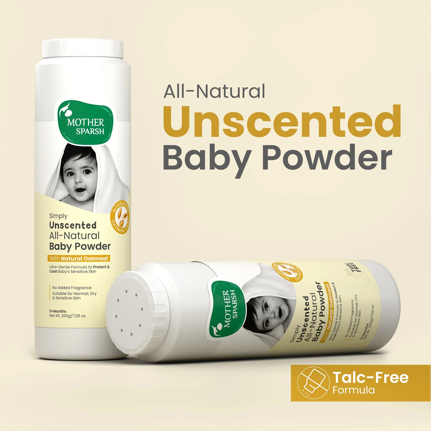 Two bottles of Mother Sparsh All-Natural Unscented Baby Powder with a Talc-Free Formula for protecting baby's sensitive skin.