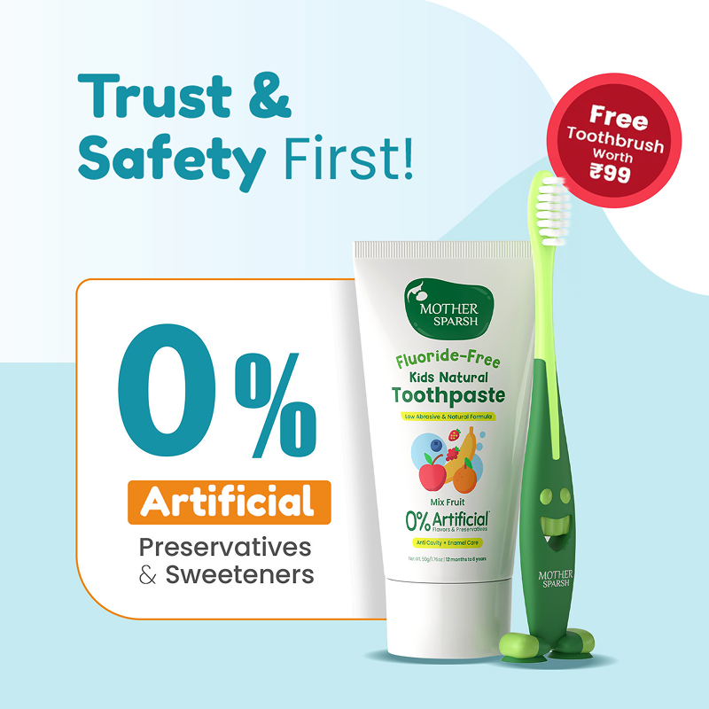Mother Sparsh Fluoride-Free Kids Natural Toothpaste with Free Toothbrush, 0% Artificial Preservatives and Sweeteners, Mix Fruit Flavor