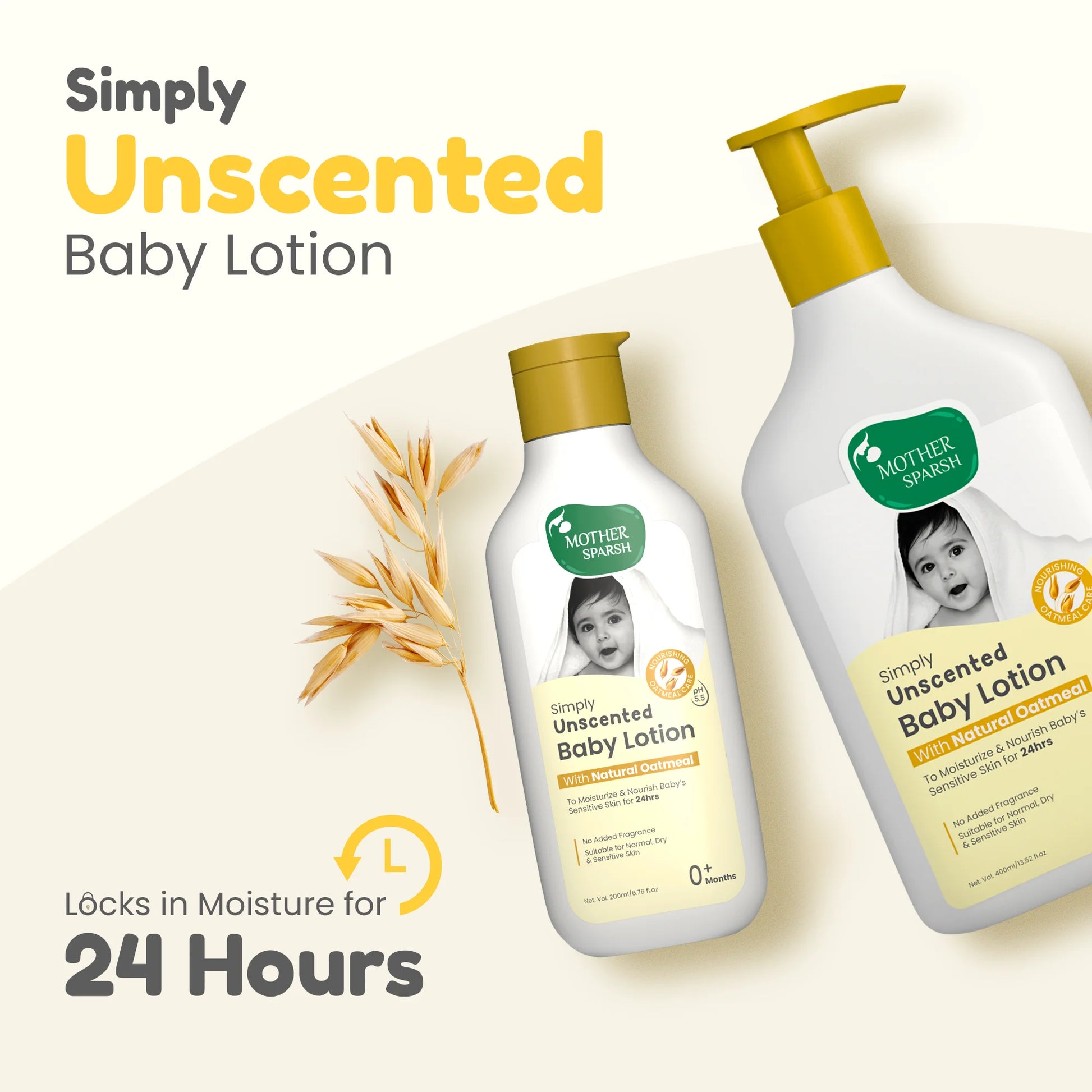 Mother Sparsh Simply Unscented Baby Lotion with Natural Oatmeal locks in moisture for 24 hours