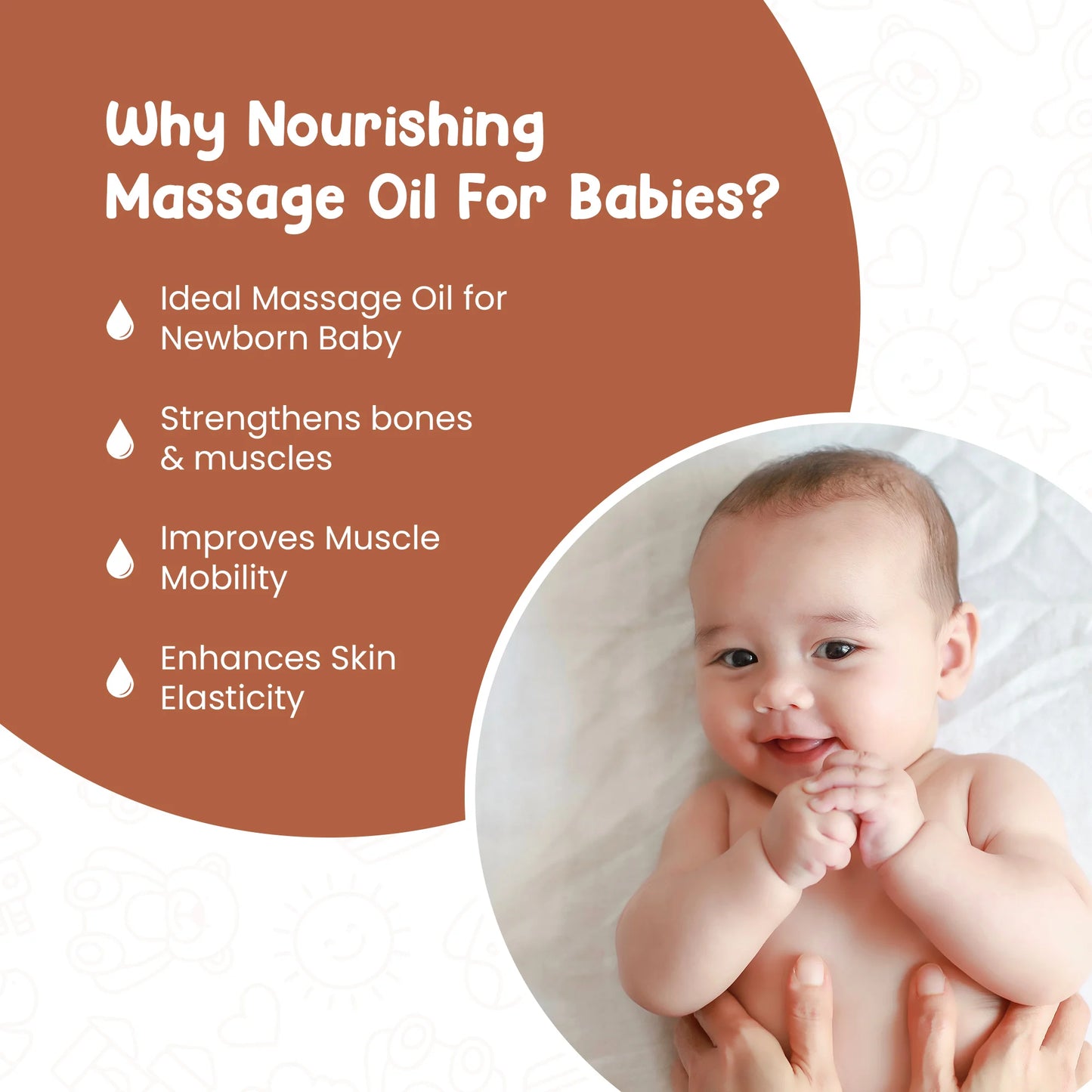 Close-up of Mother Sparsh Nourishing Baby Oil being poured onto a hand, emphasizing soothing nourishment for delicate skin.