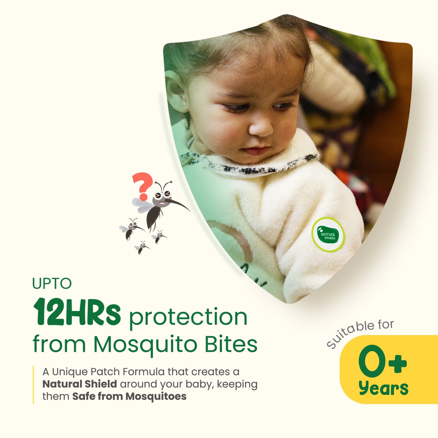 Mother Sparsh 100% natural, DEET-free mosquito repellent patches creating a protective shield around a baby, defending against Dengue, Malaria, and Chikungunya.