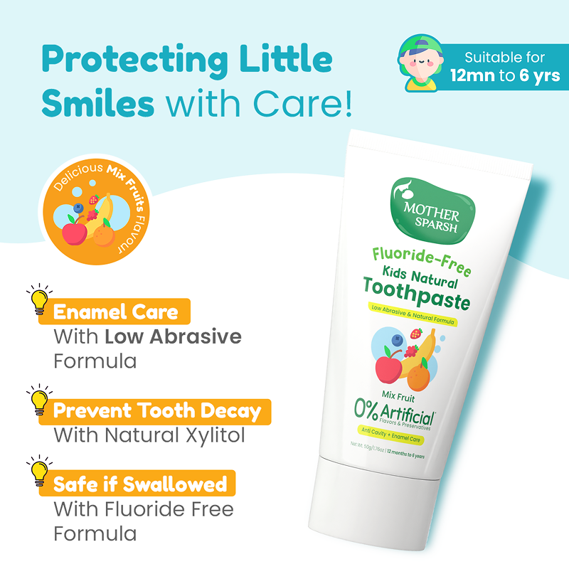 Mother Sparsh Fluoride-Free Kids Natural Toothpaste with Mix Fruit Flavor – Safe for Children Aged 12 Months to 6 Years, Prevents Tooth Decay, Enamel Care Formula, and Safe if Swallowed