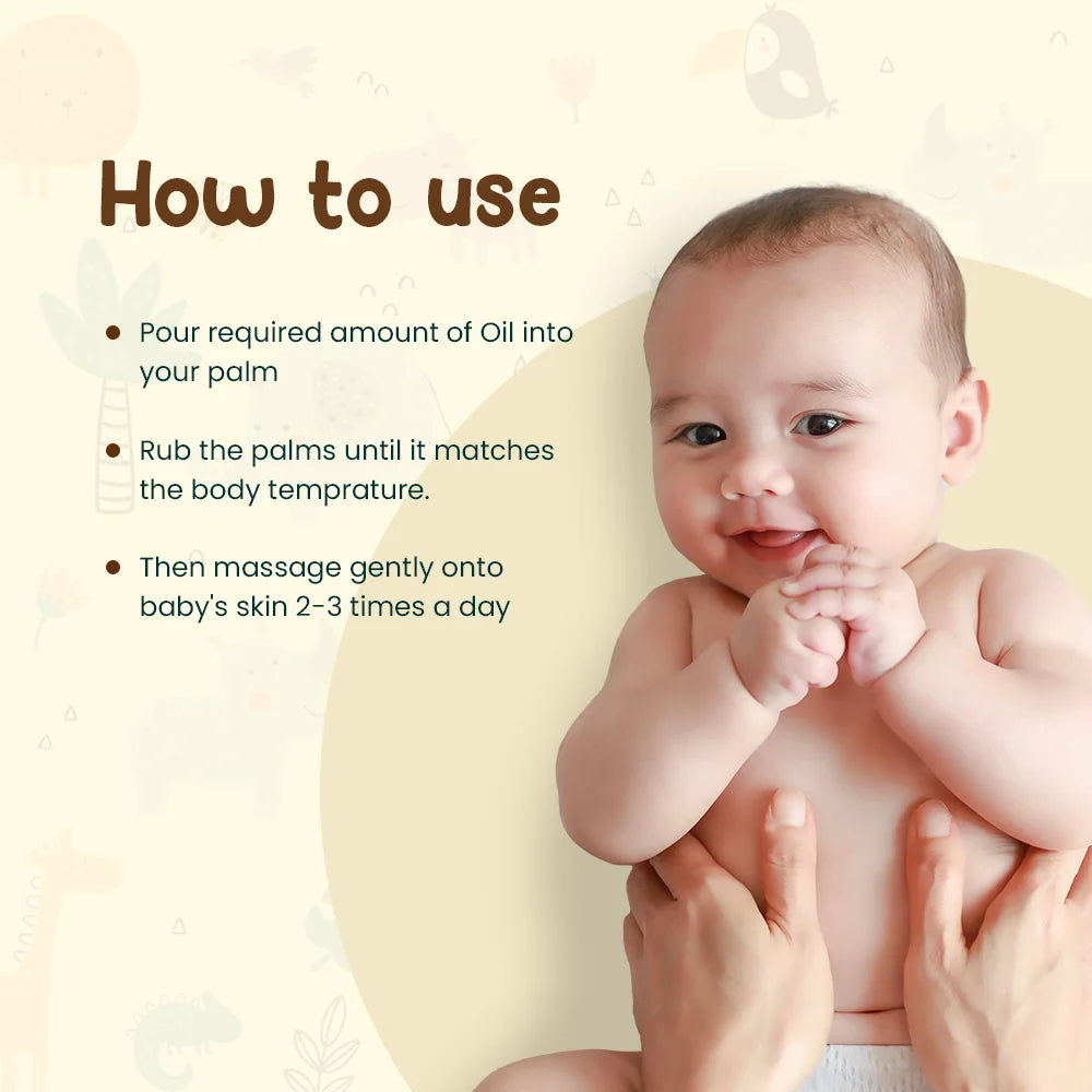 Smiling baby enjoying a gentle body massage with Mother Sparsh Cold-Pressed Coconut Oil, illustrating the 'How to use' instructions for baby oil.