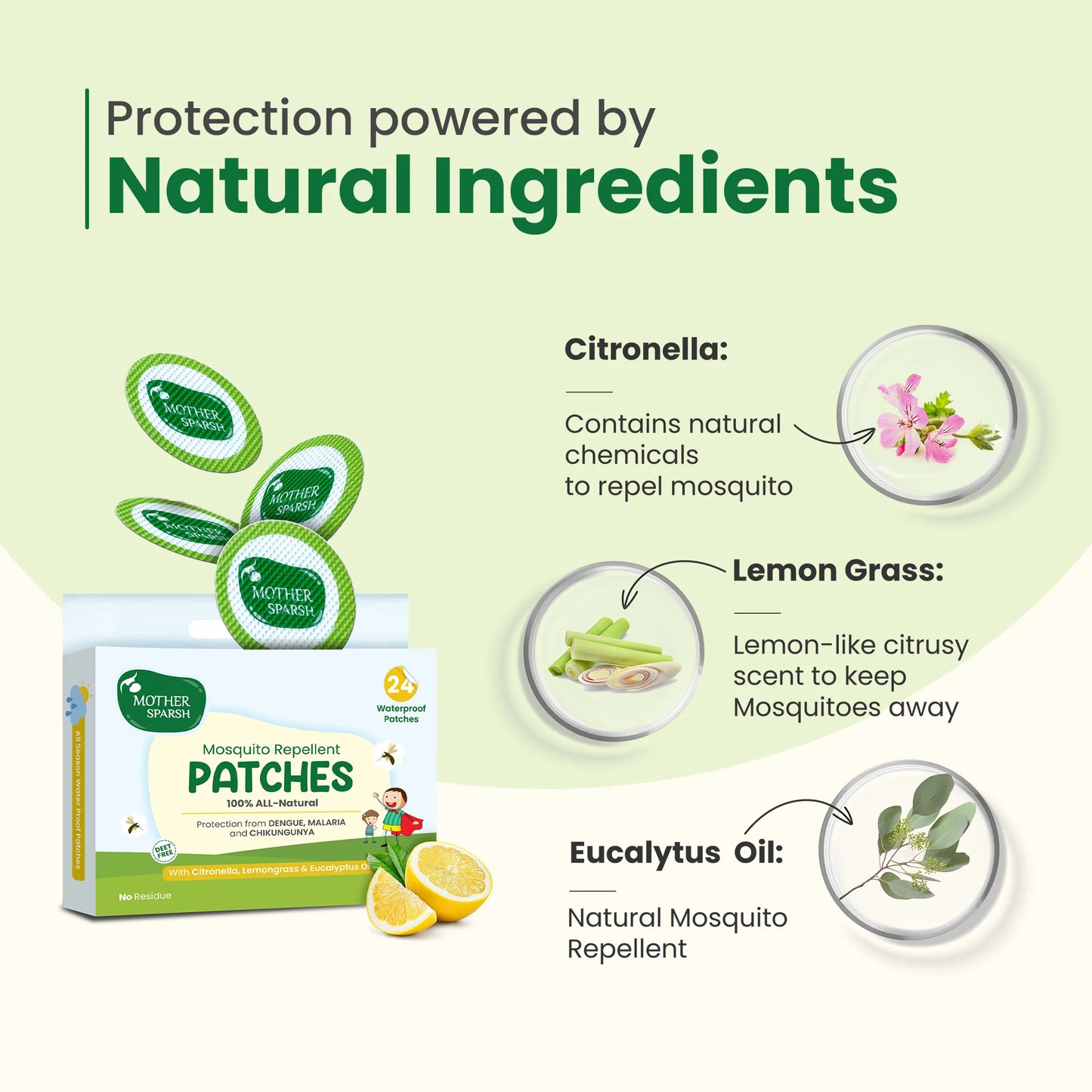 Mosquito patches with citronella, lemongrass, and eucalyptus oil for natural protection
