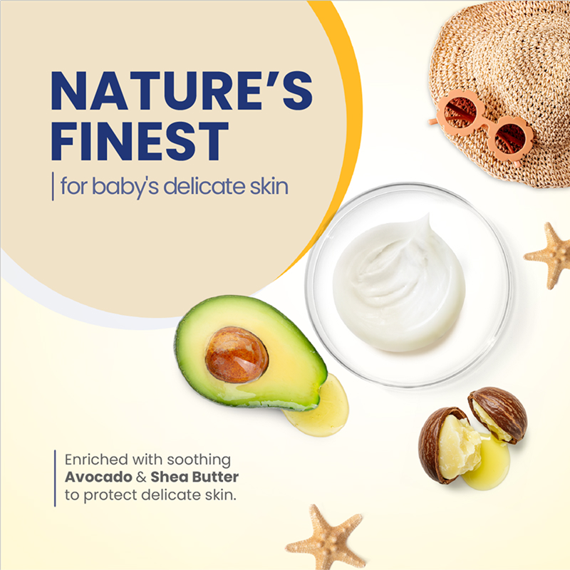 Mother applying sunscreen to her child on the beach highlighting water-resistant baby sunscreen protecting against UVA and UVB rays.