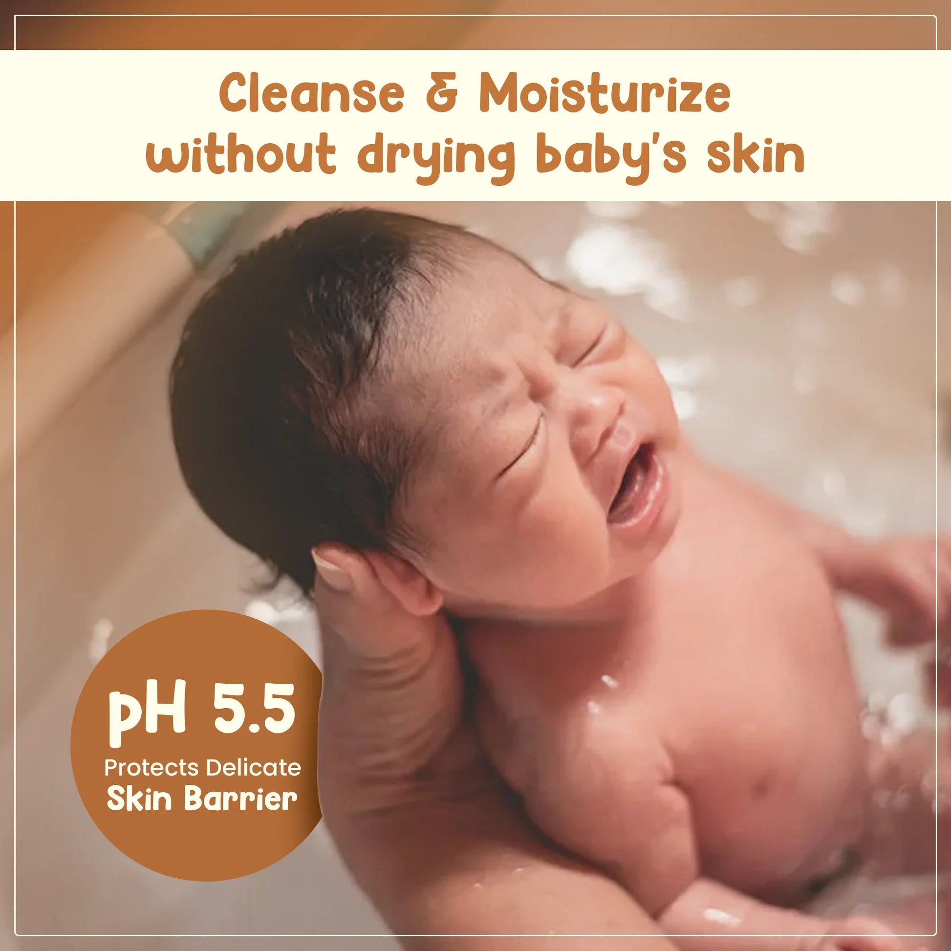 Mother Sparsh gentle baby soap with pH 5.5 to cleanse and moisturize delicate baby skin without drying, protecting the skin barrier.