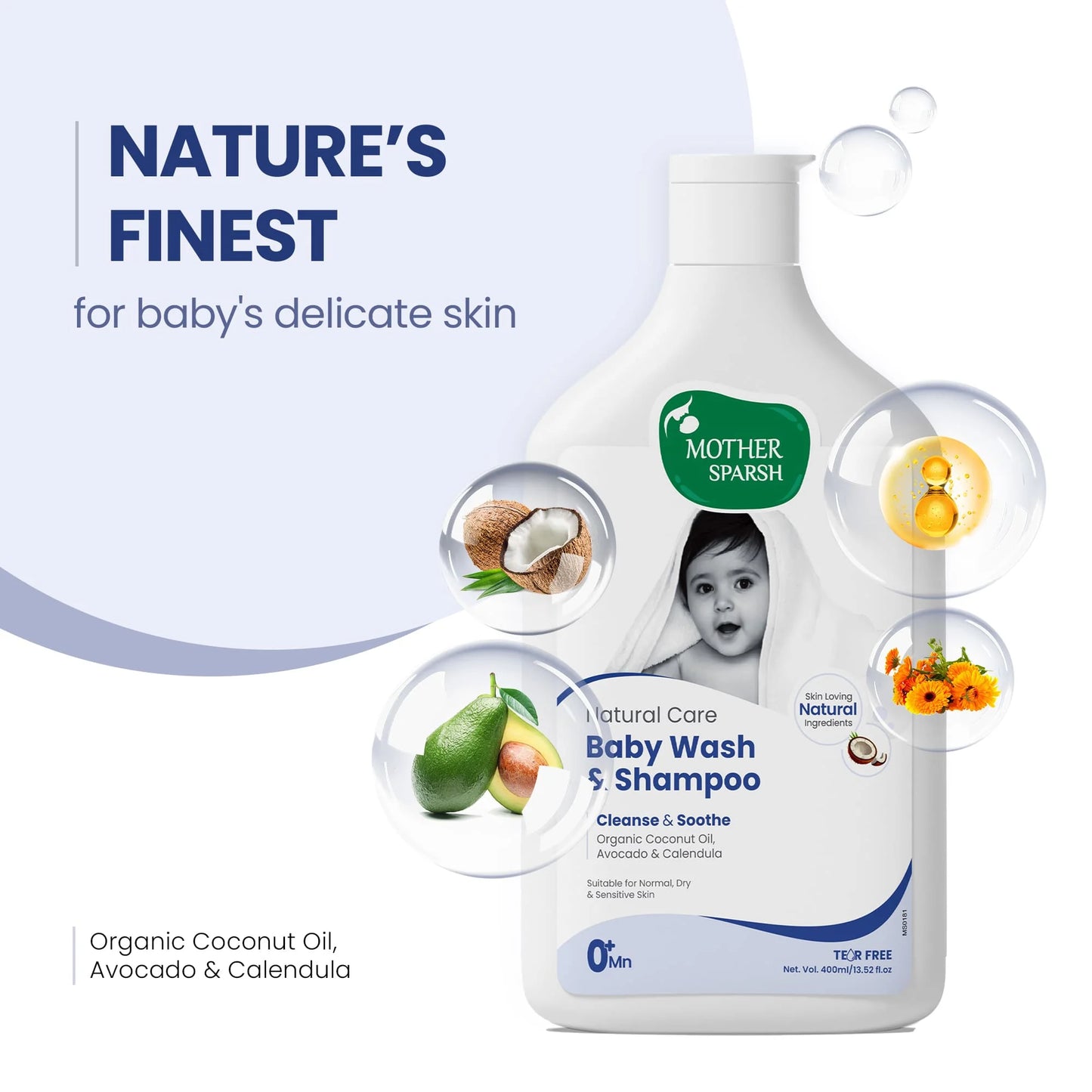 Mother Sparsh baby shampoo and body wash with natural ingredients like coconut oil, avocado, and calendula