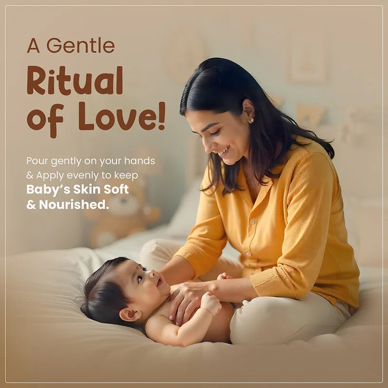 Mother gently massaging baby with Mother Sparsh Milky Soft Baby Wash to keep skin soft and nourished