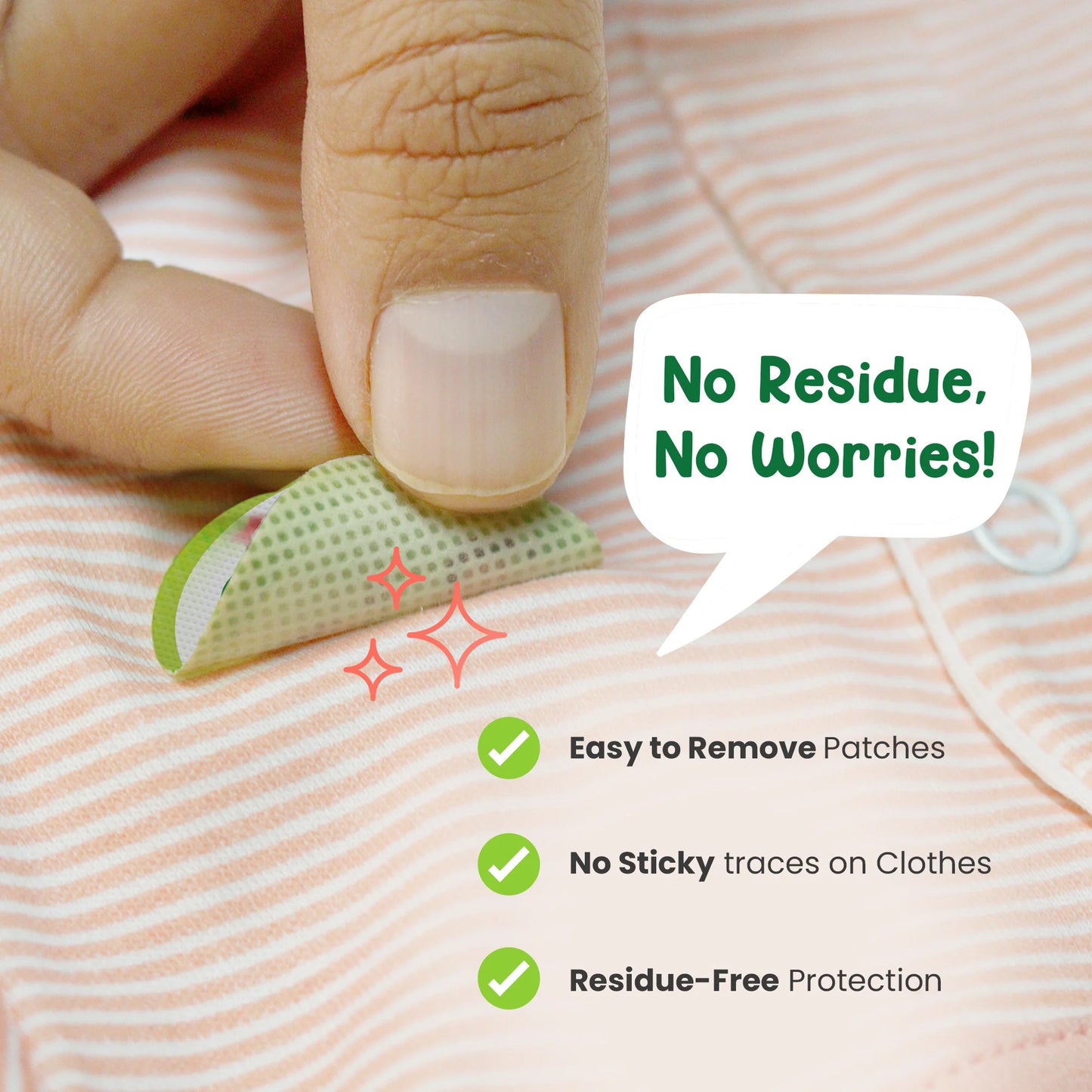 Close-up image showing the easy application of Mother Sparsh mosquito repellent patch on clothing with the key feature: No sticky traces or residue left behind.