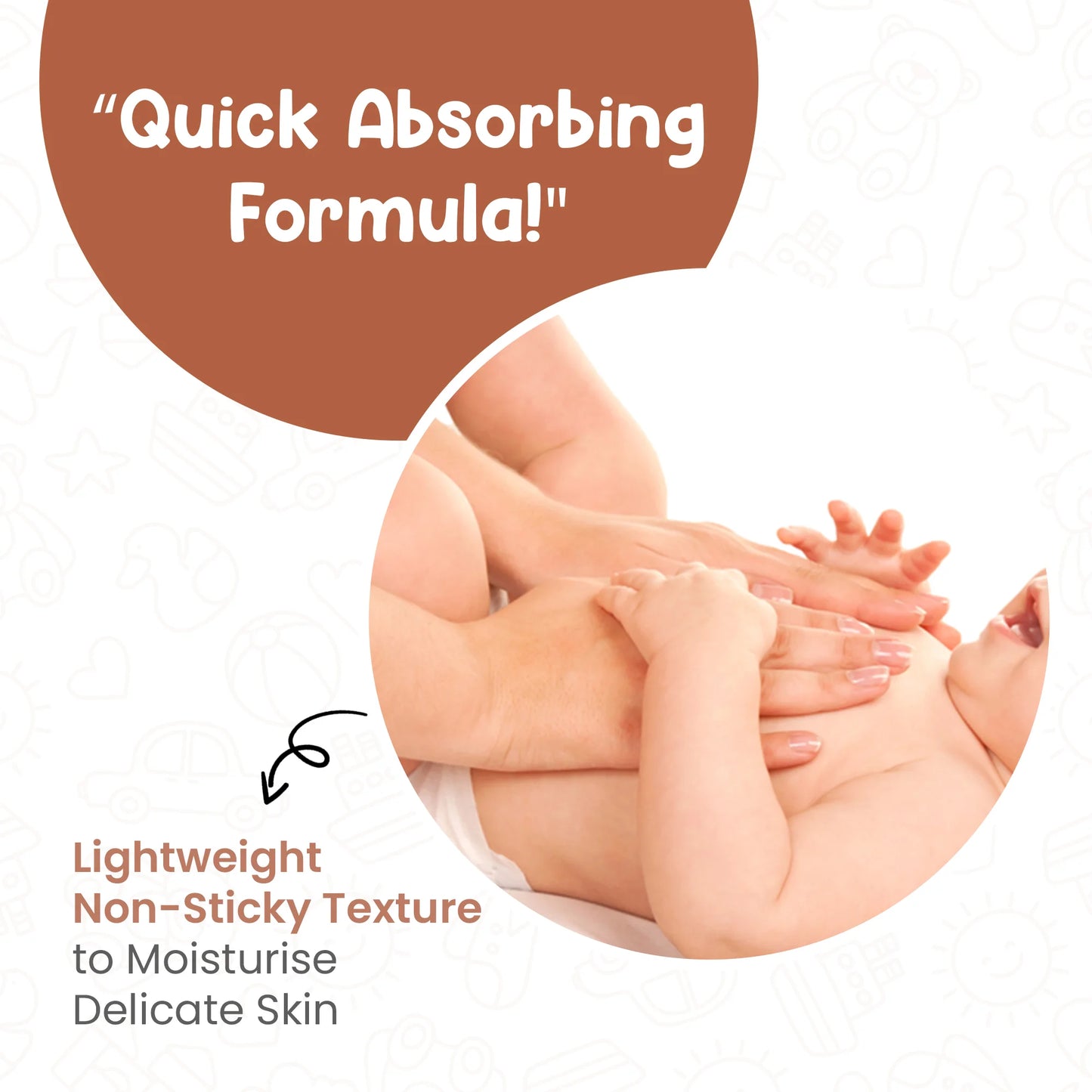 Graphic of baby massage oil ingredients: Almond Oil for nourishment, Olive Oil to soothe and moisturise, and Sesame Oil to strengthen bones and muscles.