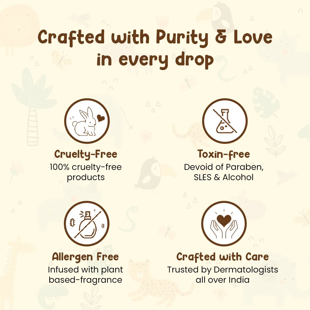 Infographic showing Mother Sparsh oil is Toxin-free, Paraben-free, SLES-free, Alcohol-free, and trusted by dermatologists, crafted with purity and love.