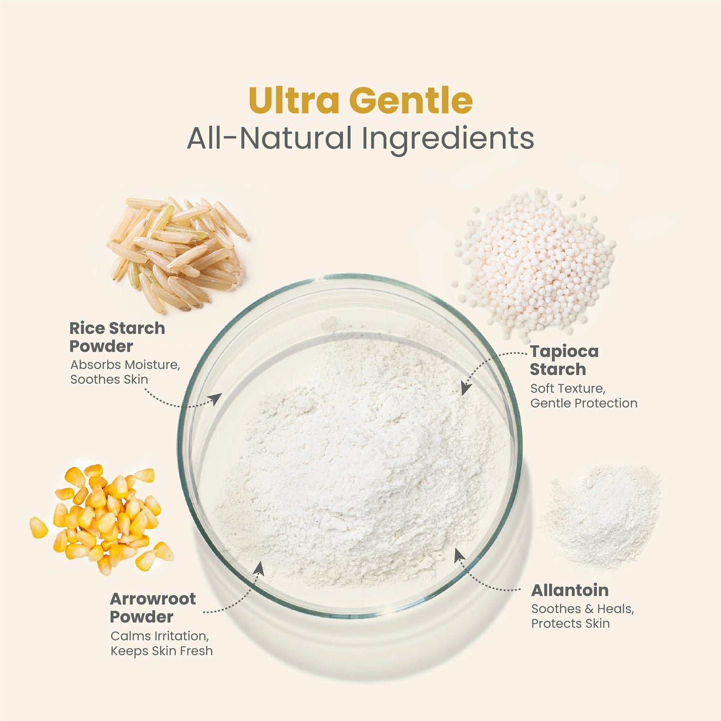 Infographic of Ultra Gentle All-Natural Ingredients in baby powder, including Rice Starch Powder, Tapioca Starch, Arrowroot Powder, and Allantoin for sensitive skin.