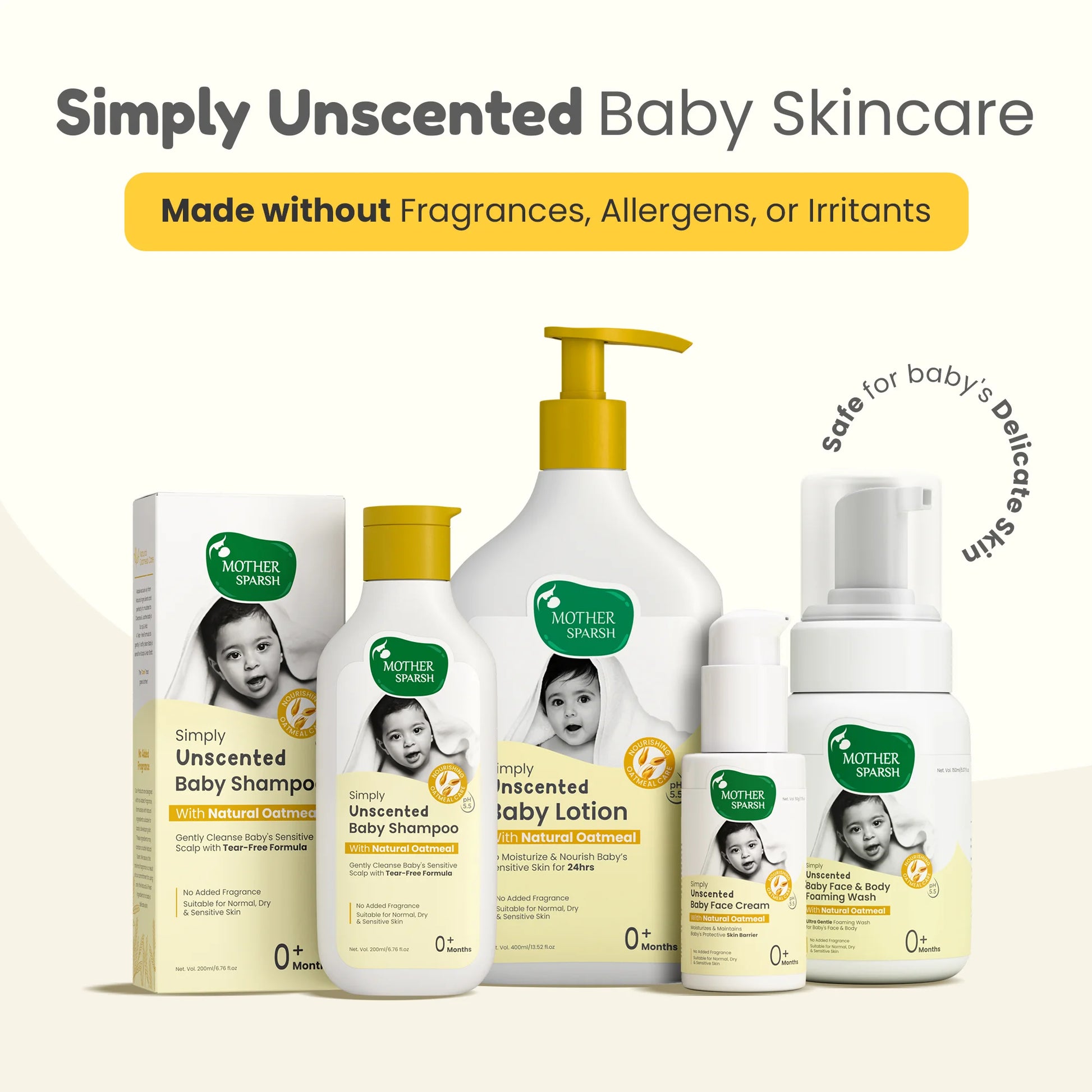 Mother Sparsh Simply Unscented Baby Skincare product line including baby shampoo, baby lotion, cream, and foaming wash made without fragrances or irritants.