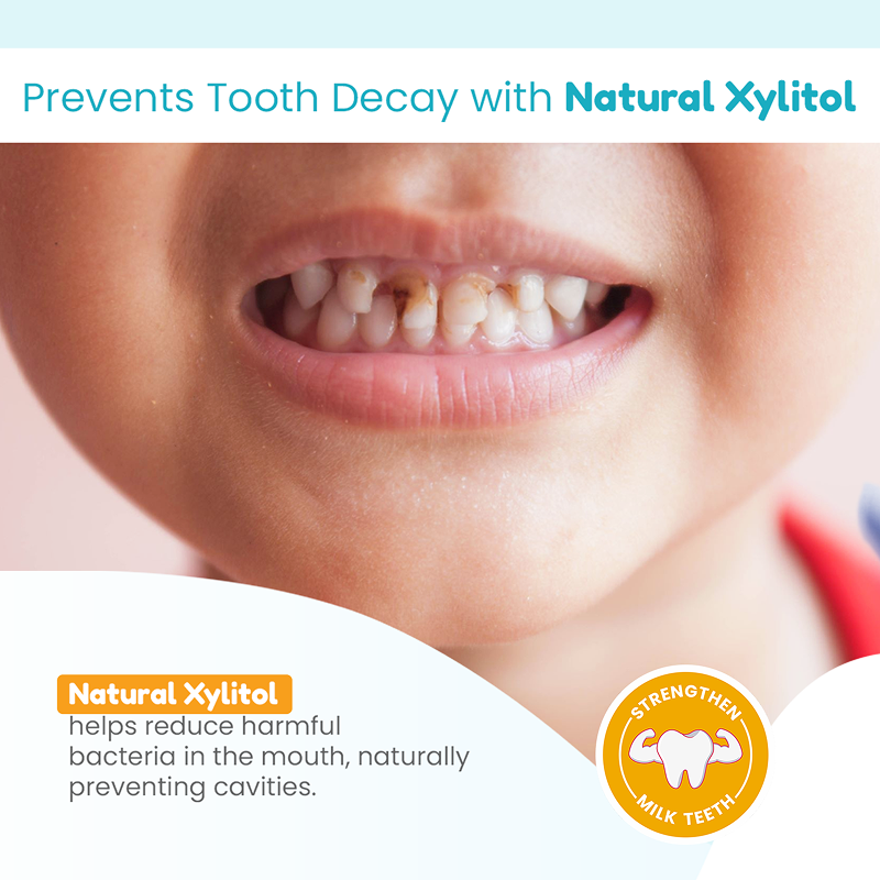 Child with Tooth Decay – Natural Xylitol in Kids Toothpaste Helps Prevent Cavities by Reducing Harmful Bacteria and Strengthening Milk Teeth