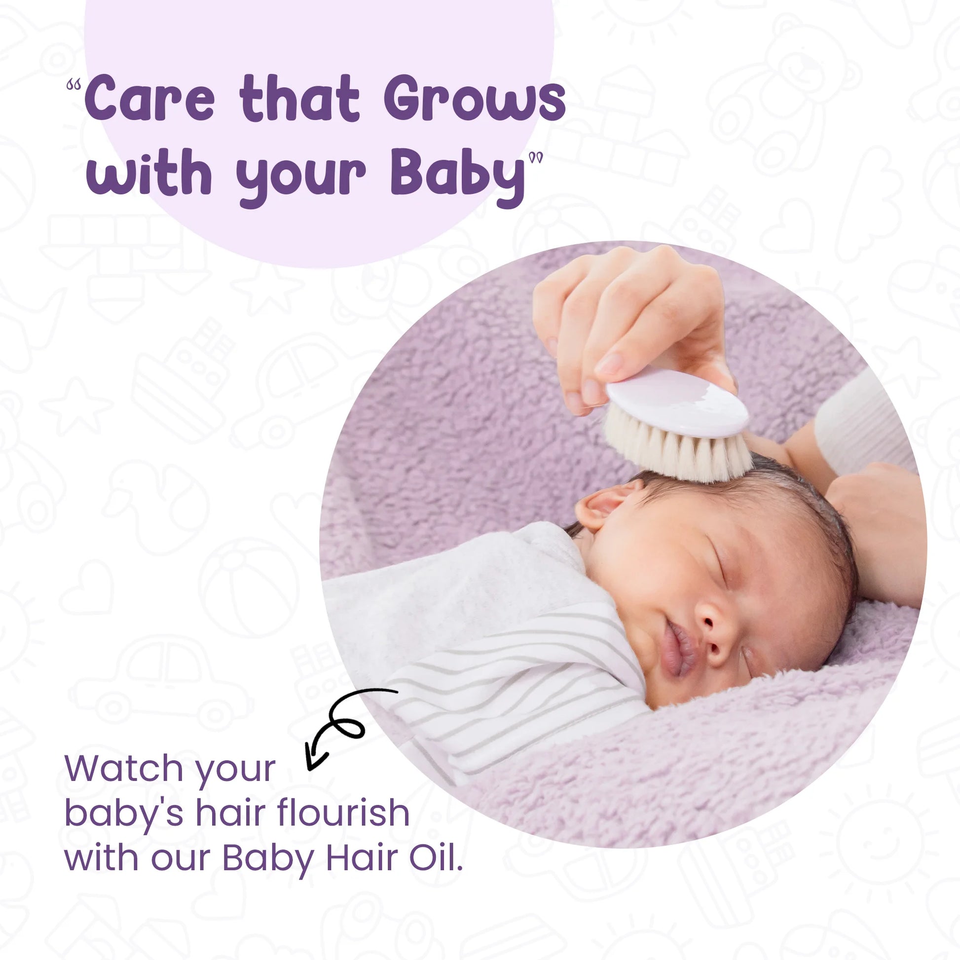 Newborn baby sleeping while a parent gently brushes their hair with a soft brush, illustrating the application of Mother Sparsh Baby Hair Oil for gentle scalp care and healthy hair growth.