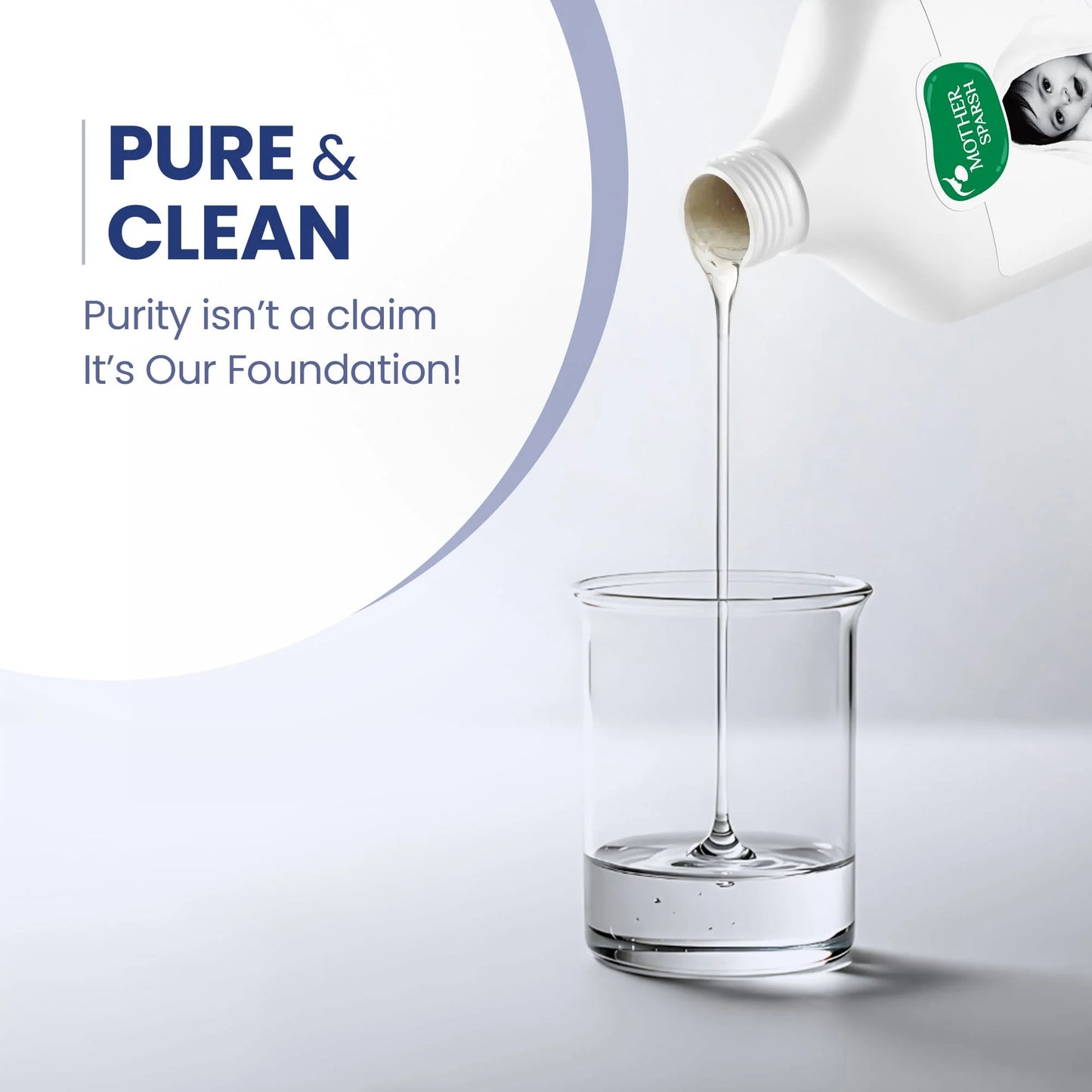 Pouring natural baby shampoo showcasing clear, pure and gentle liquid formula