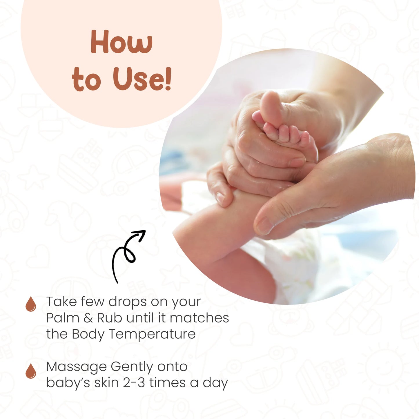 Parent massaging a baby with Mother Sparsh oil, highlighting the quick-absorbing, lightweight, and non-sticky texture for delicate baby skin.