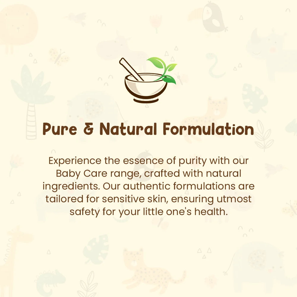 Image featuring an icon of a mortar and pestle with leaves, emphasizing the pure and natural formulation of the Mother Sparsh baby care range, crafted for sensitive skin