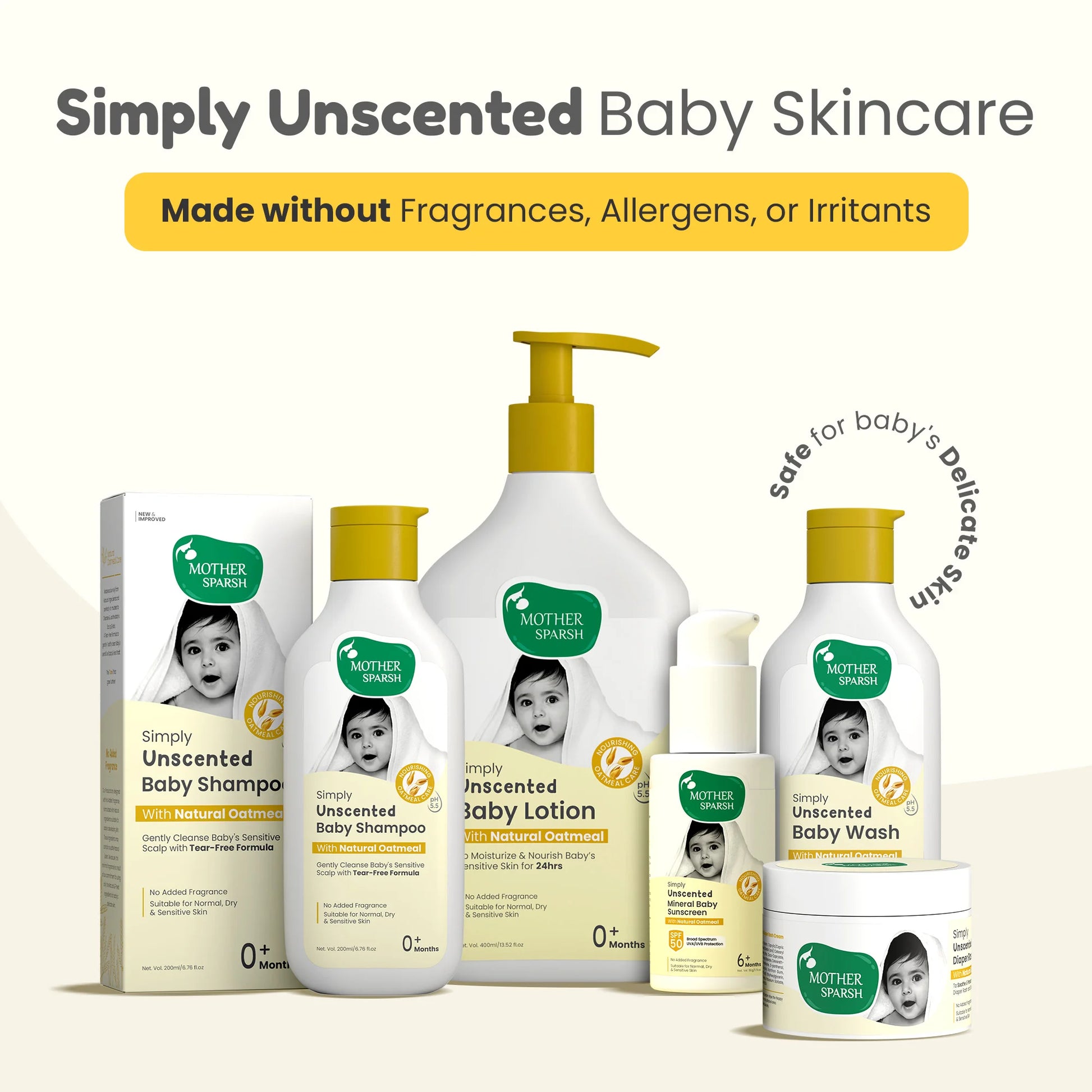 Full collection of Mother Sparsh Simply Unscented Baby Skincare products with Natural Oatmeal, including shampoo, lotion, wash, and sunscreen, all free from fragrances, allergens, or irritants.