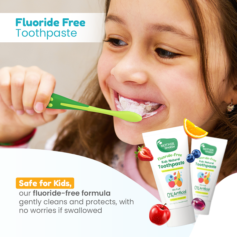 Child Brushing Teeth with Mother Sparsh Fluoride-Free Kids Toothpaste – Safe if Swallowed, Gentle Oral Care with Natural Fruit Flavors