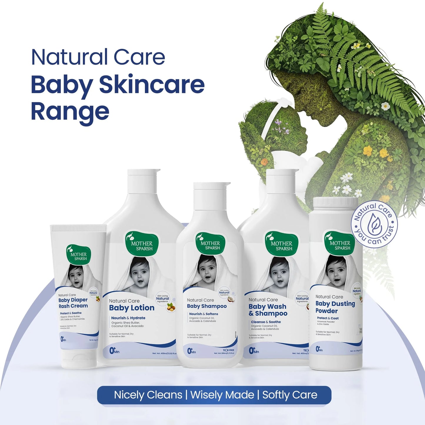 Complete natural baby skincare range by Mother Sparsh including lotion, shampoo, and rash cream